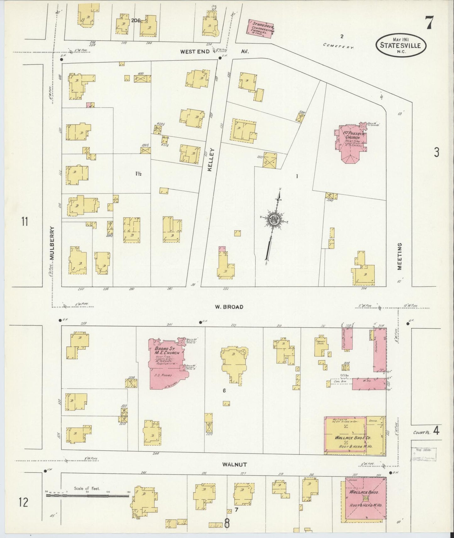 Sanborn Fire Insurance Map from Statesville, Iredell County, North Carolina (1911), Sheet #0007 - Historic Sanborn Fire Insurance Map Print, vintage old map wall art, antique decor, genealogy gift, North Carolina North Carolina map