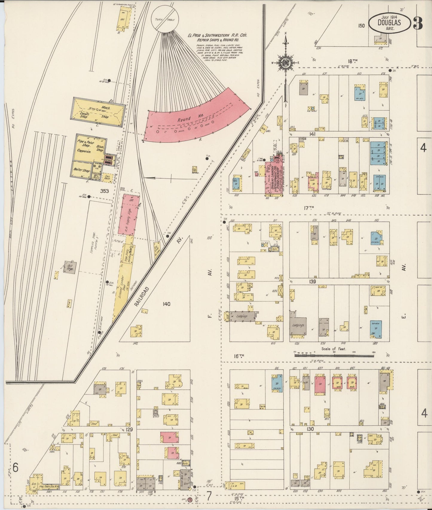 Sanborn Fire Insurance Map from Douglas, Cochise County, Arizona (1914), Sheet #0003 - Historic Sanborn Fire Insurance Map Print, vintage old map wall art, antique decor, genealogy gift, Arizona Arizona map