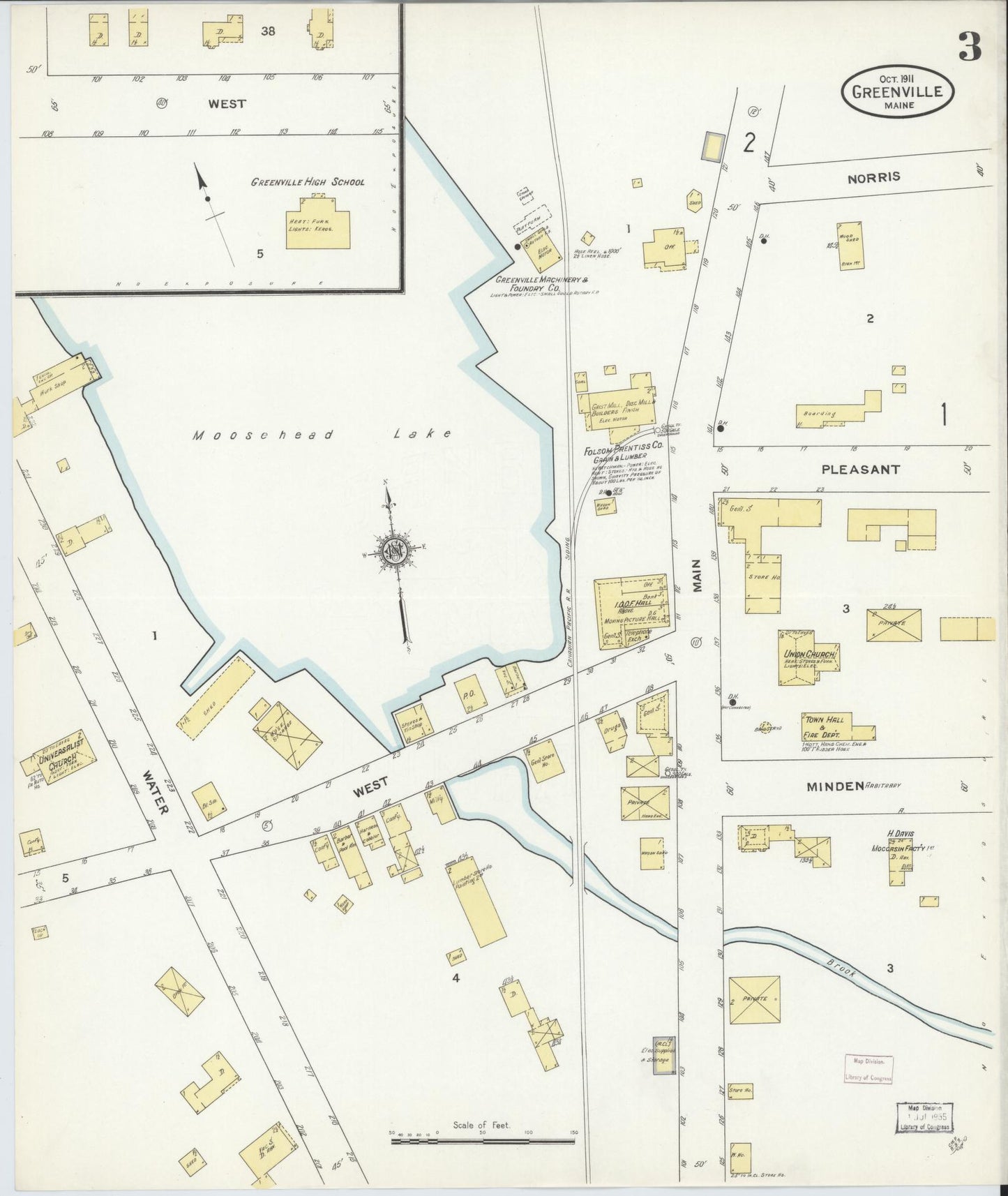 Sanborn Fire Insurance Map from Greenville, Piscataquis County, Maine (1911), Sheet #0003 - Historic Sanborn Fire Insurance Map Print, vintage old map wall art, antique decor, genealogy gift, Maine Maine map