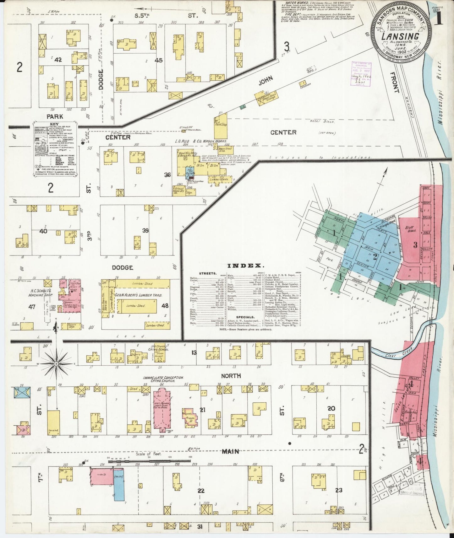 Sanborn Fire Insurance Map from Lansing, Allamakee County, Iowa (1902), Sheet #0001 - Historic Sanborn Fire Insurance Map Print, vintage old map wall art
