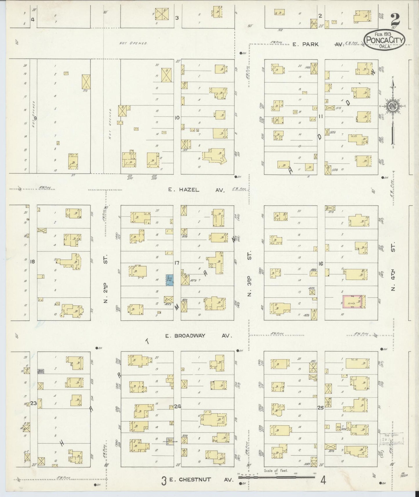 Sanborn Fire Insurance Map from Ponca City, Kay County, Oklahoma (1913), Sheet #0002 - Historic Sanborn Fire Insurance Map Print, vintage old map wall art, antique decor, genealogy gift, Oklahoma Oklahoma map