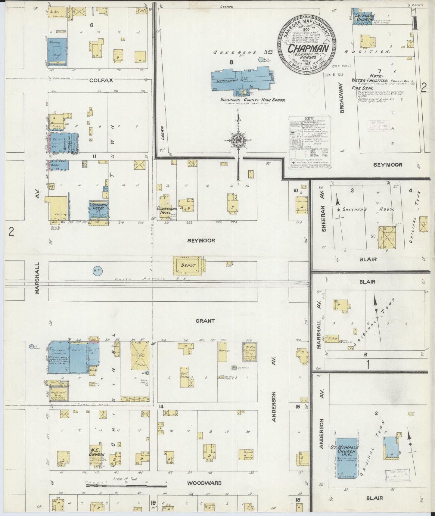 Sanborn Fire Insurance Map from Chapman, Dickinson County, Kansas (1912), Sheet #0001 - Historic Sanborn Fire Insurance Map Print, vintage old map wall art, antique decor, genealogy gift, Kansas Kansas map