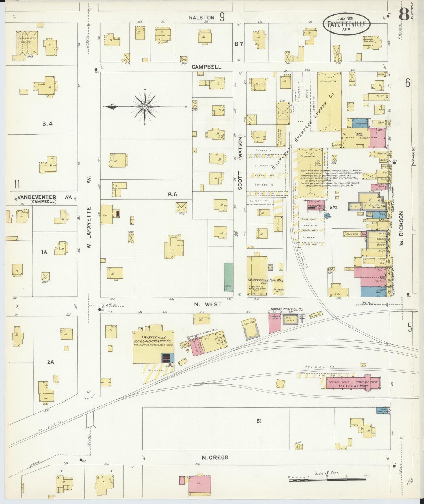 Sanborn Fire Insurance Map from Fayetteville, Washington County, Arkansas (1908), Sheet #0008 - Historic Sanborn Fire Insurance Map Print, vintage old map wall art, antique decor, genealogy gift, Arkansas Arkansas map