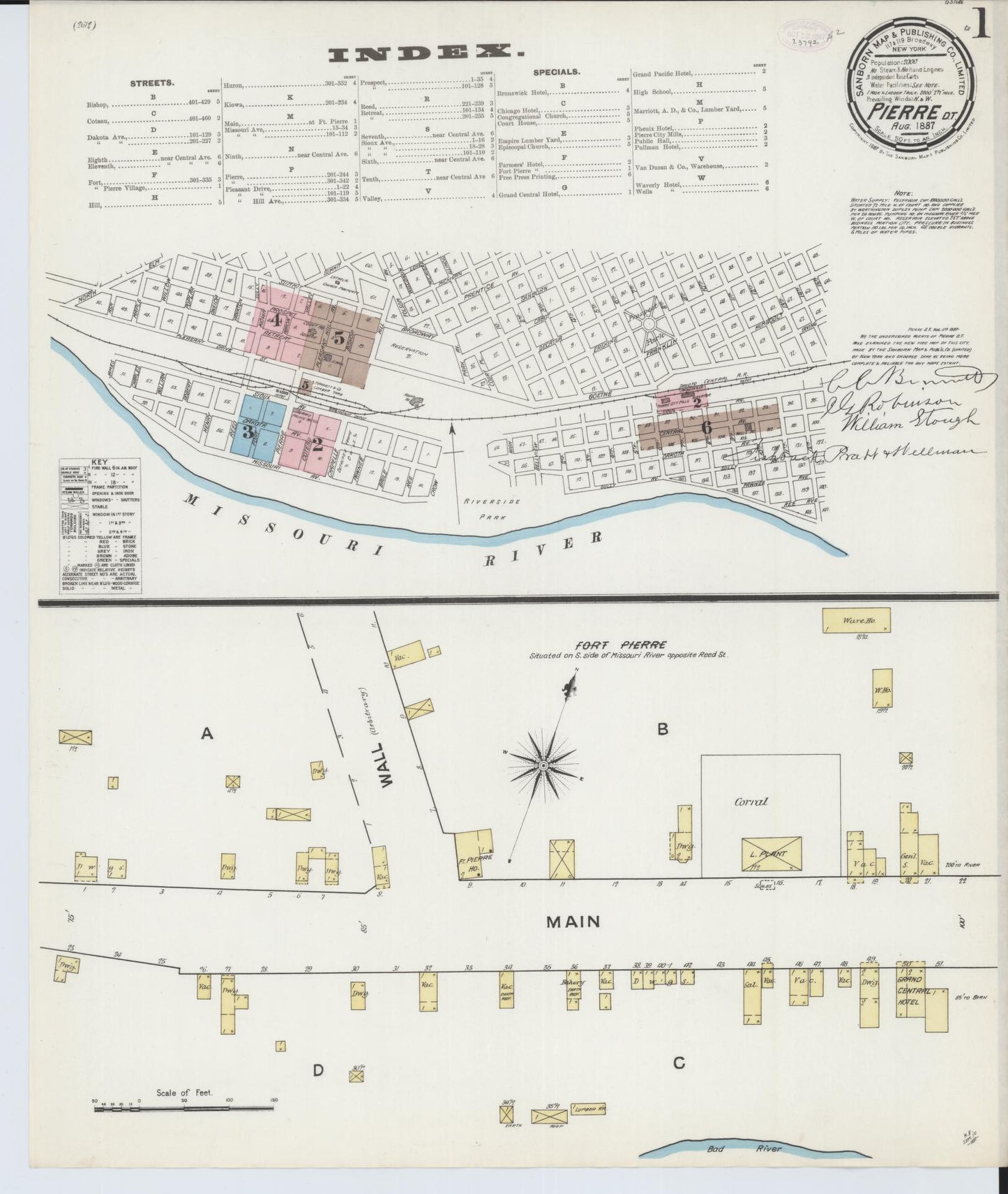 Sanborn Fire Insurance Map from Pierre, Hughes County, South Dakota (1887), Sheet #0001 - Historic Sanborn Fire Insurance Map Print, vintage old map wall art, antique decor, genealogy gift, South Dakota South Dakota map