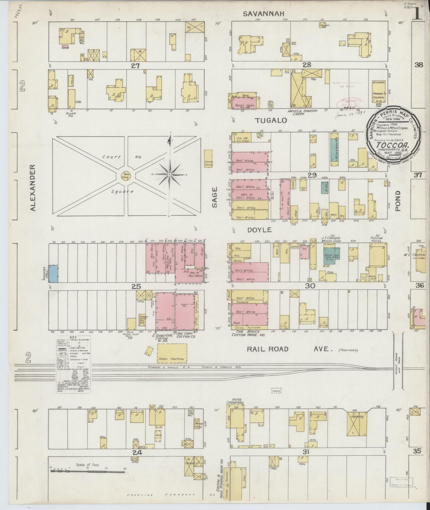 Sanborn Fire Insurance Map from Toccoa, Stephens County, Georgia (1893), Sheet #0001 - Historic Sanborn Fire Insurance Map Print, vintage old map wall art, antique decor, genealogy gift, Georgia Georgia map