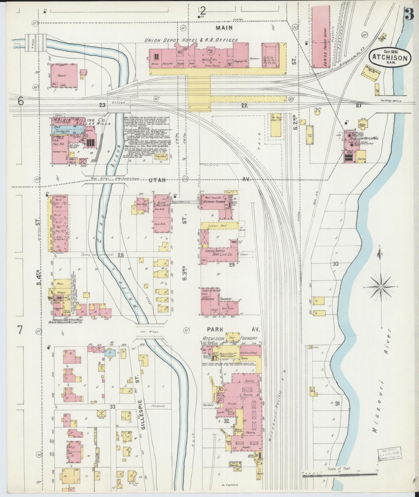 Sanborn Fire Insurance Map from Atchison, Atchison County, Kansas (1896), Sheet #0003 - Historic Sanborn Fire Insurance Map Print, vintage old map wall art, antique decor, genealogy gift, Kansas Kansas map