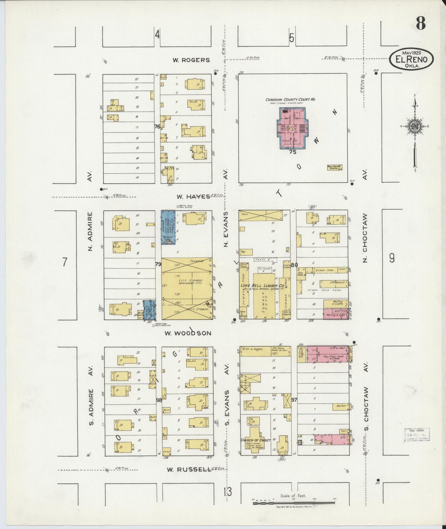 Sanborn Fire Insurance Map from El Reno, Canadian County, Oklahoma (1920), Sheet #0008 - Historic Sanborn Fire Insurance Map Print, vintage old map wall art, antique decor, genealogy gift, Oklahoma Oklahoma map