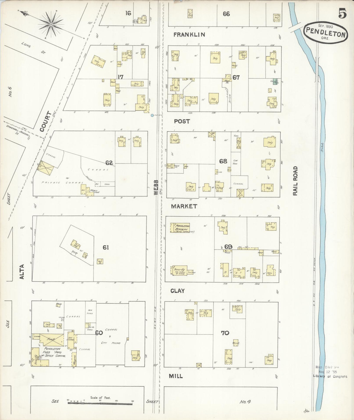 Sanborn Fire Insurance Map from Pendleton, Umatilla County, Oregon (1890), Sheet #0005 - Historic Sanborn Fire Insurance Map Print, vintage old map wall art, antique decor, genealogy gift, Oregon Oregon map