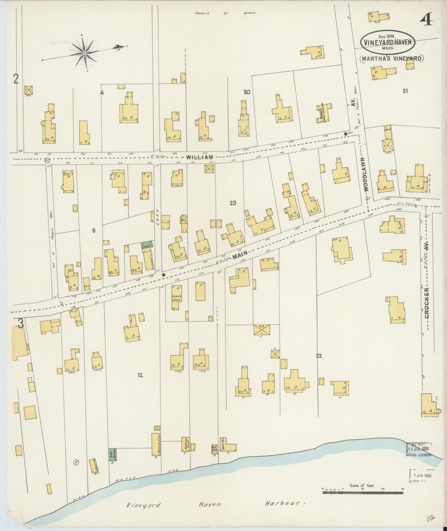 Sanborn Fire Insurance Map from Vineyard Haven, Dukes County, Massachusetts (1898), Sheet #0004 - Historic Sanborn Fire Insurance Map Print, vintage old map wall art, antique decor, genealogy gift, Massachusetts Massachusetts map