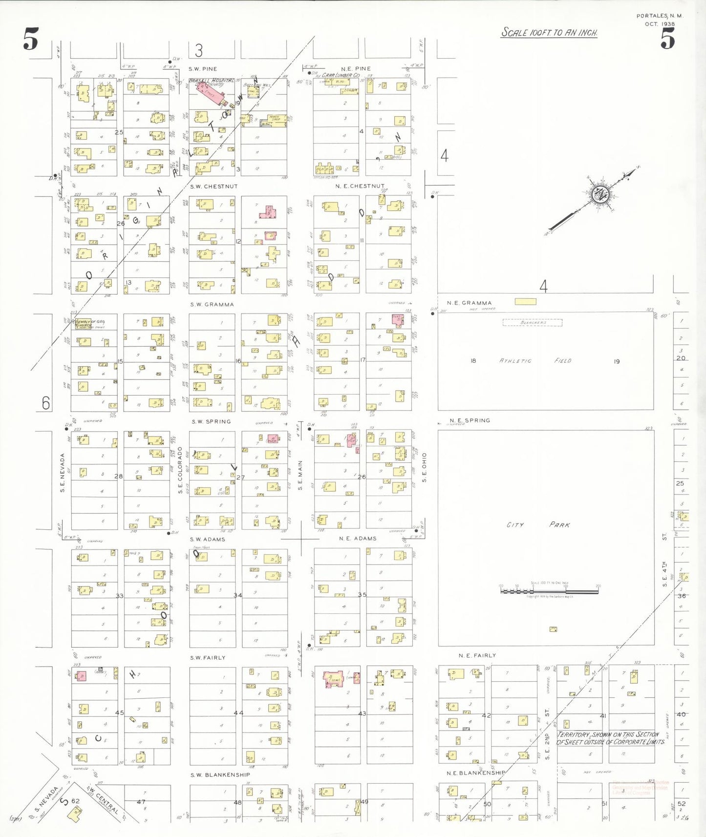 Sanborn Fire Insurance Map from Portales, Roosevelt County, New Mexico (1938), Sheet #0005 - Historic Sanborn Fire Insurance Map Print, vintage old map wall art, antique decor, genealogy gift, New Mexico New Mexico map