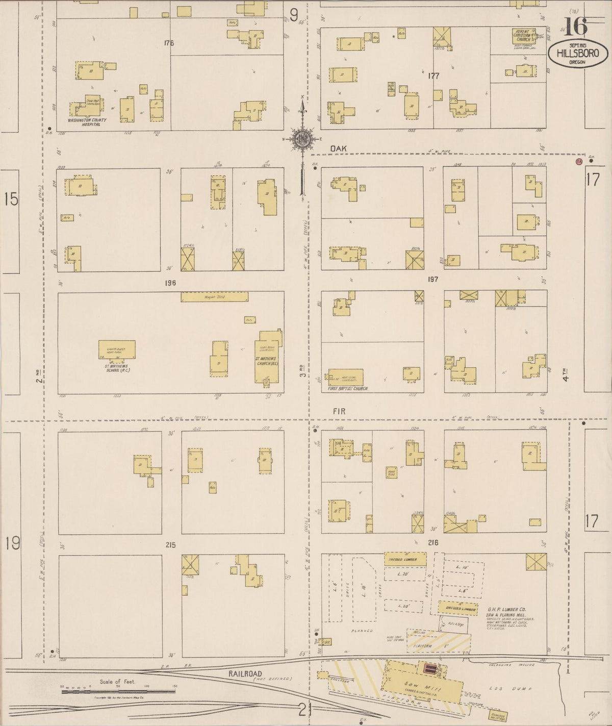 Sanborn Fire Insurance Map from Hillsboro, Washington County, Oregon (1921), Sheet #0016 - Historic Sanborn Fire Insurance Map Print, vintage old map wall art, antique decor, genealogy gift, Oregon Oregon map