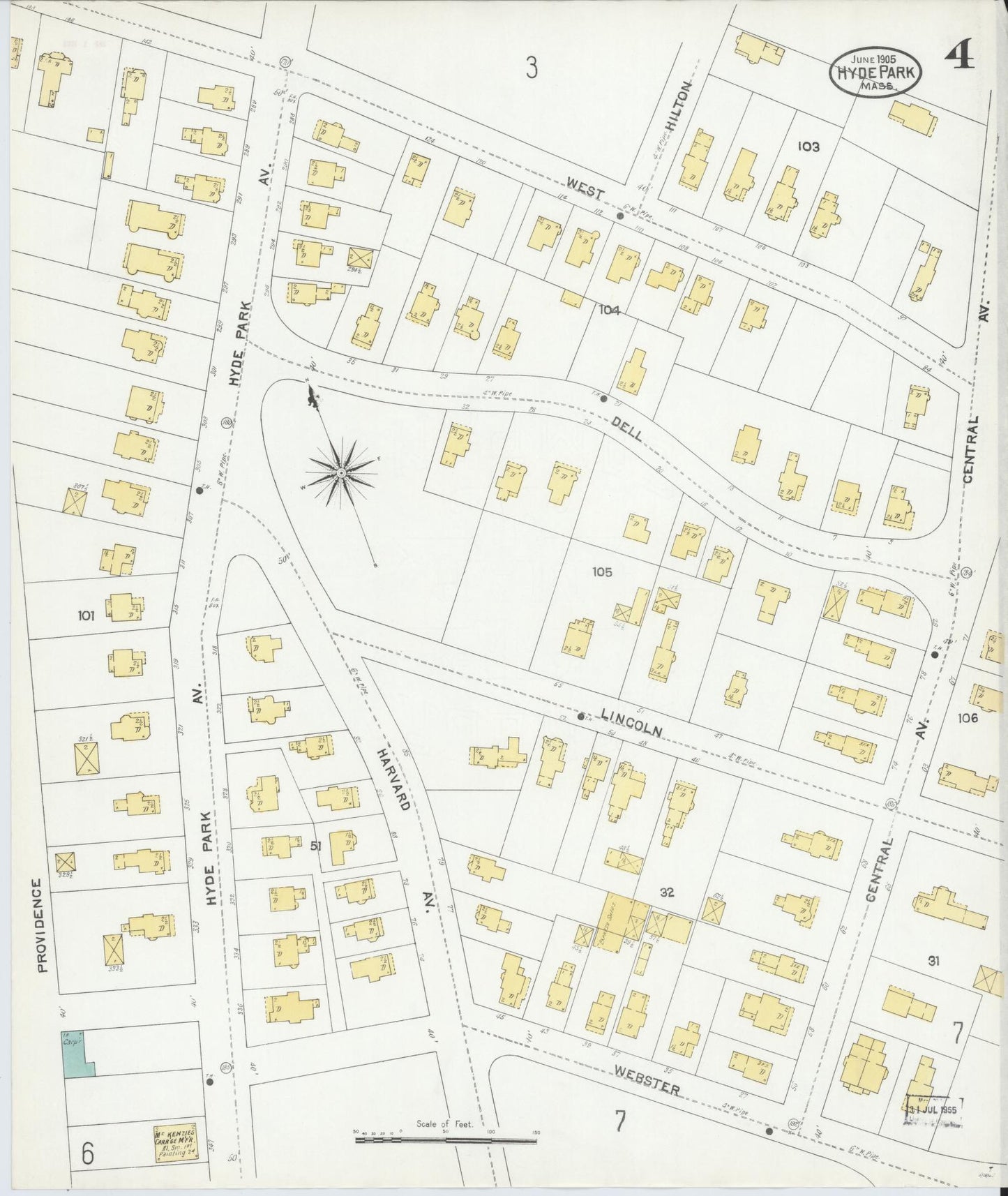 Sanborn Fire Insurance Map from Hyde Park, Norfolk County, Massachusetts (1905), Sheet #0004 - Historic Sanborn Fire Insurance Map Print, vintage old map wall art, antique decor, genealogy gift, Massachusetts Massachusetts map