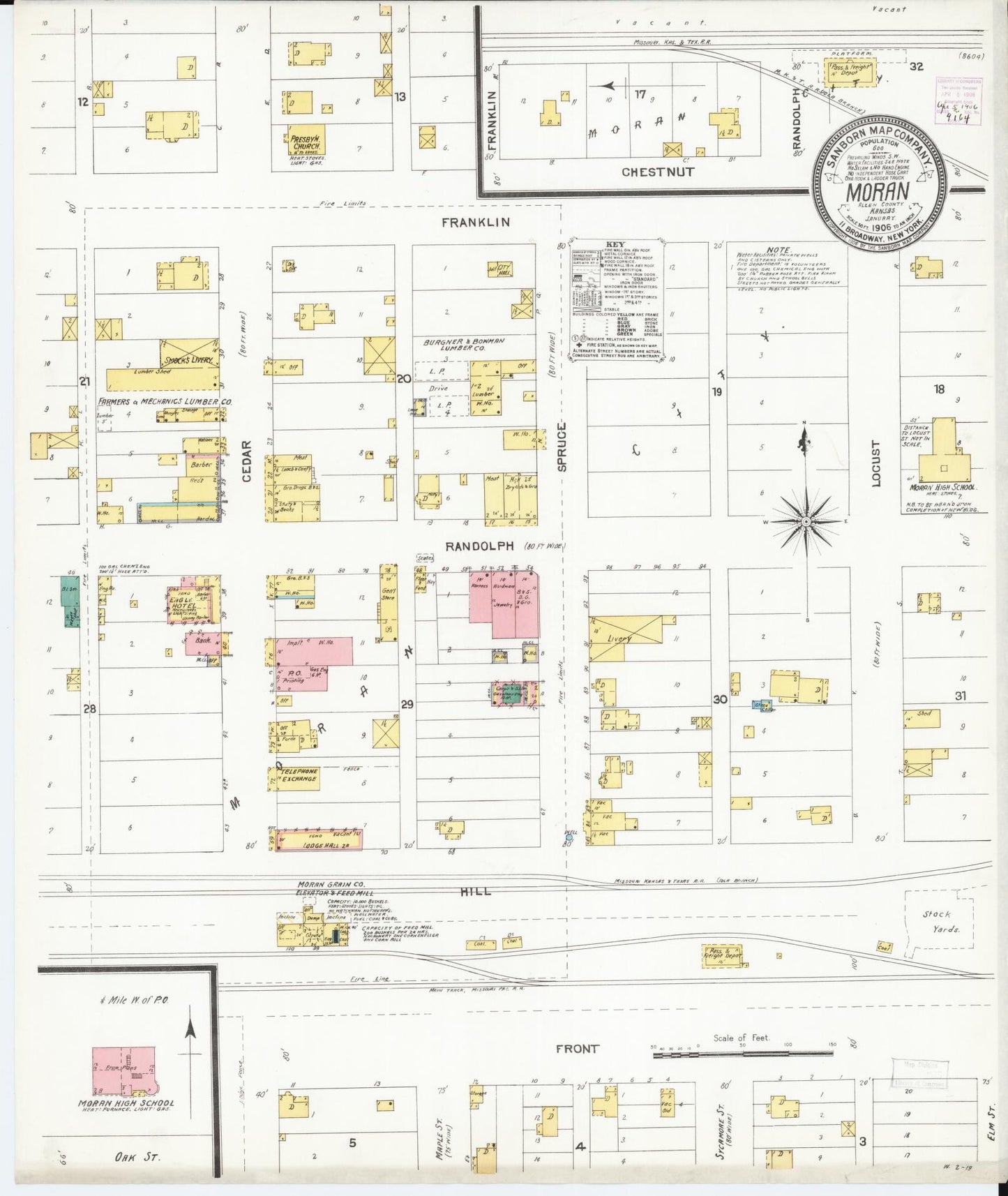 Sanborn Fire Insurance Map from Moran, Allen County, Kansas (1906), Sheet #0001 - Historic Sanborn Fire Insurance Map Print, vintage old map wall art, antique decor, genealogy gift, Kansas Kansas map