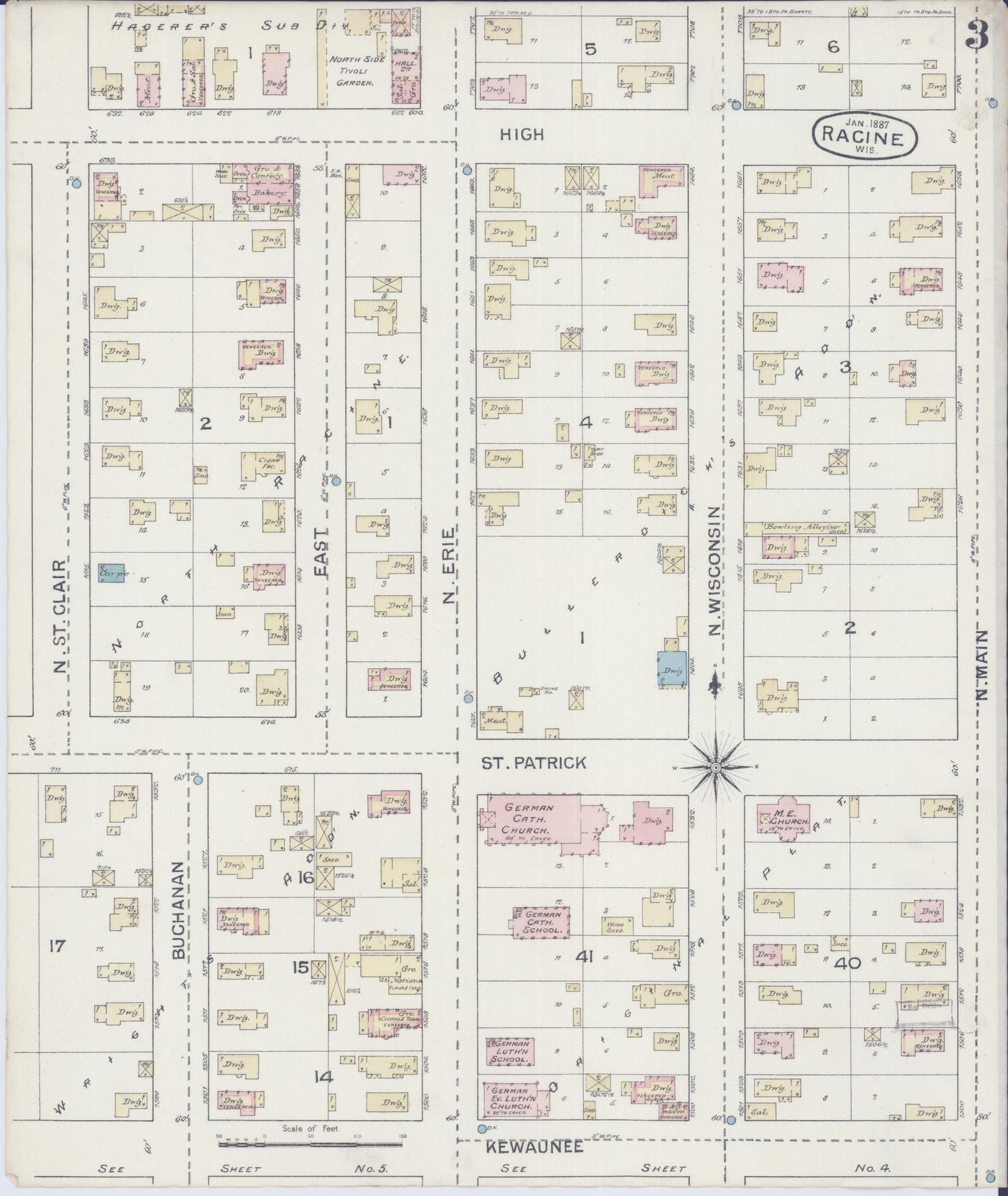 Sanborn Fire Insurance Map from Racine, Racine County, Wisconsin (1887), Sheet #0003 - Historic Sanborn Fire Insurance Map Print, vintage old map wall art, antique decor, genealogy gift, Wisconsin Wisconsin map