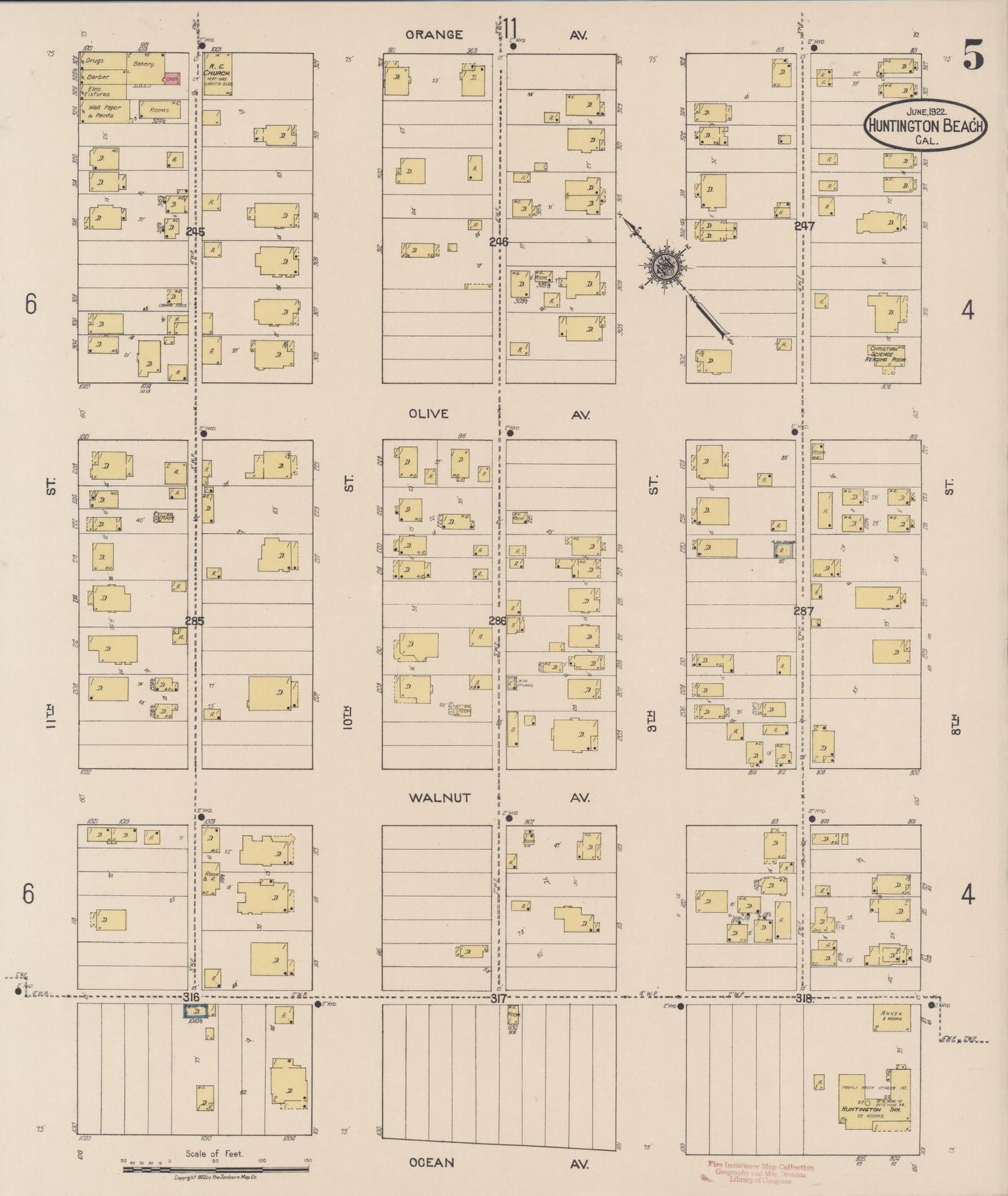 Sanborn Fire Insurance Map from Huntington Beach, Orange County, California (1922), Sheet #0005 - Historic Sanborn Fire Insurance Map Print, vintage old map wall art, antique decor, genealogy gift, California California map