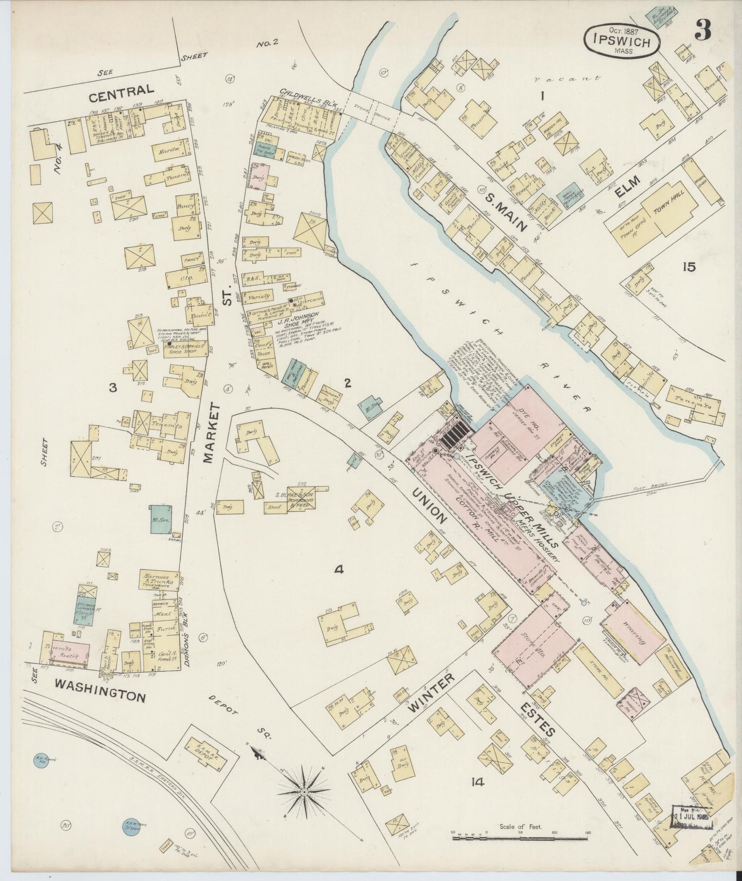 Sanborn Fire Insurance Map from Ipswich, Essex County, Massachusetts (1887), Sheet #0003 - Historic Sanborn Fire Insurance Map Print, vintage old map wall art, antique decor, genealogy gift, Massachusetts Massachusetts map