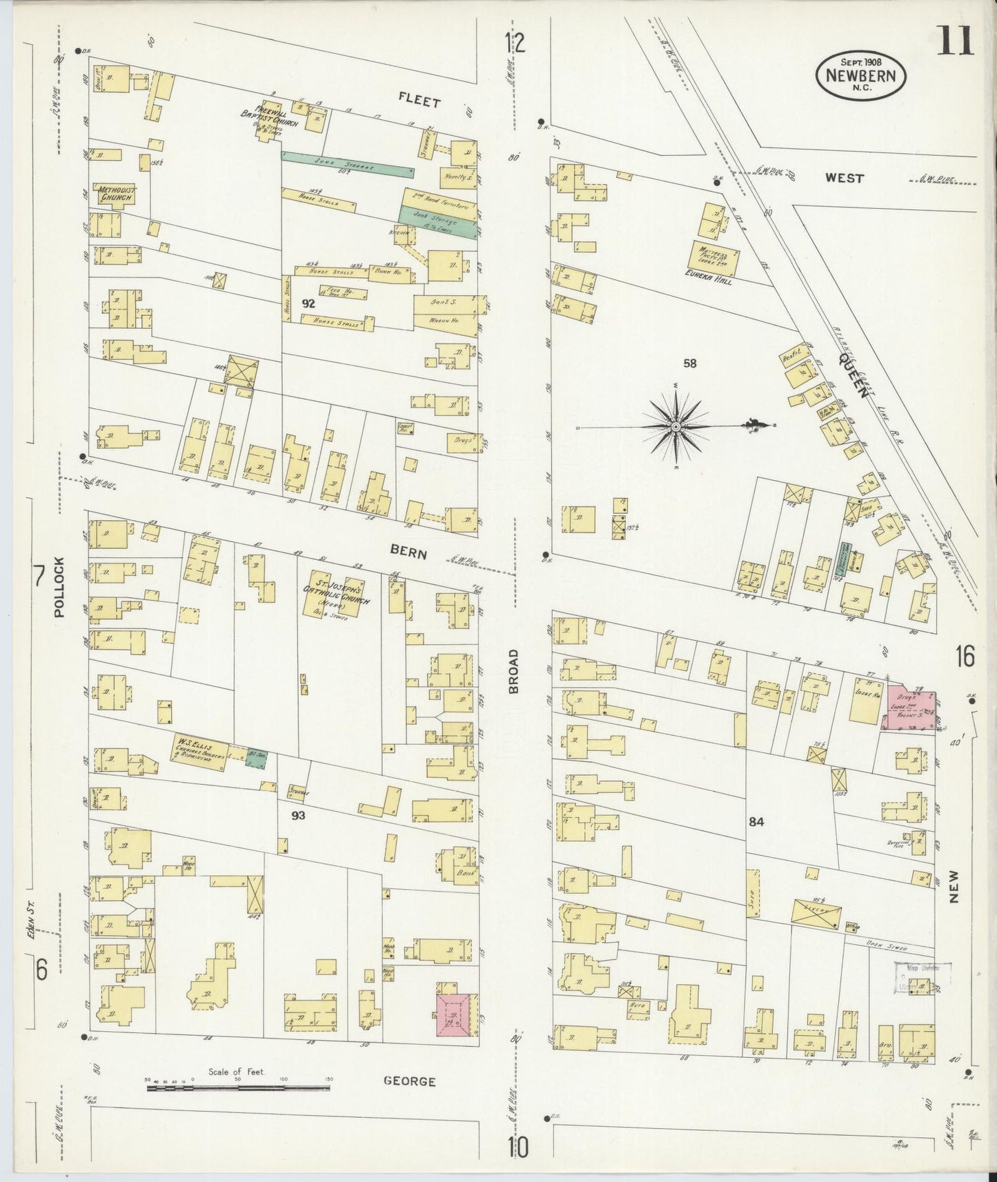 Sanborn Fire Insurance Map from New Bern, Craven County, North Carolina (1908), Sheet #0011 - Historic Sanborn Fire Insurance Map Print, vintage old map wall art, antique decor, genealogy gift, North Carolina North Carolina map