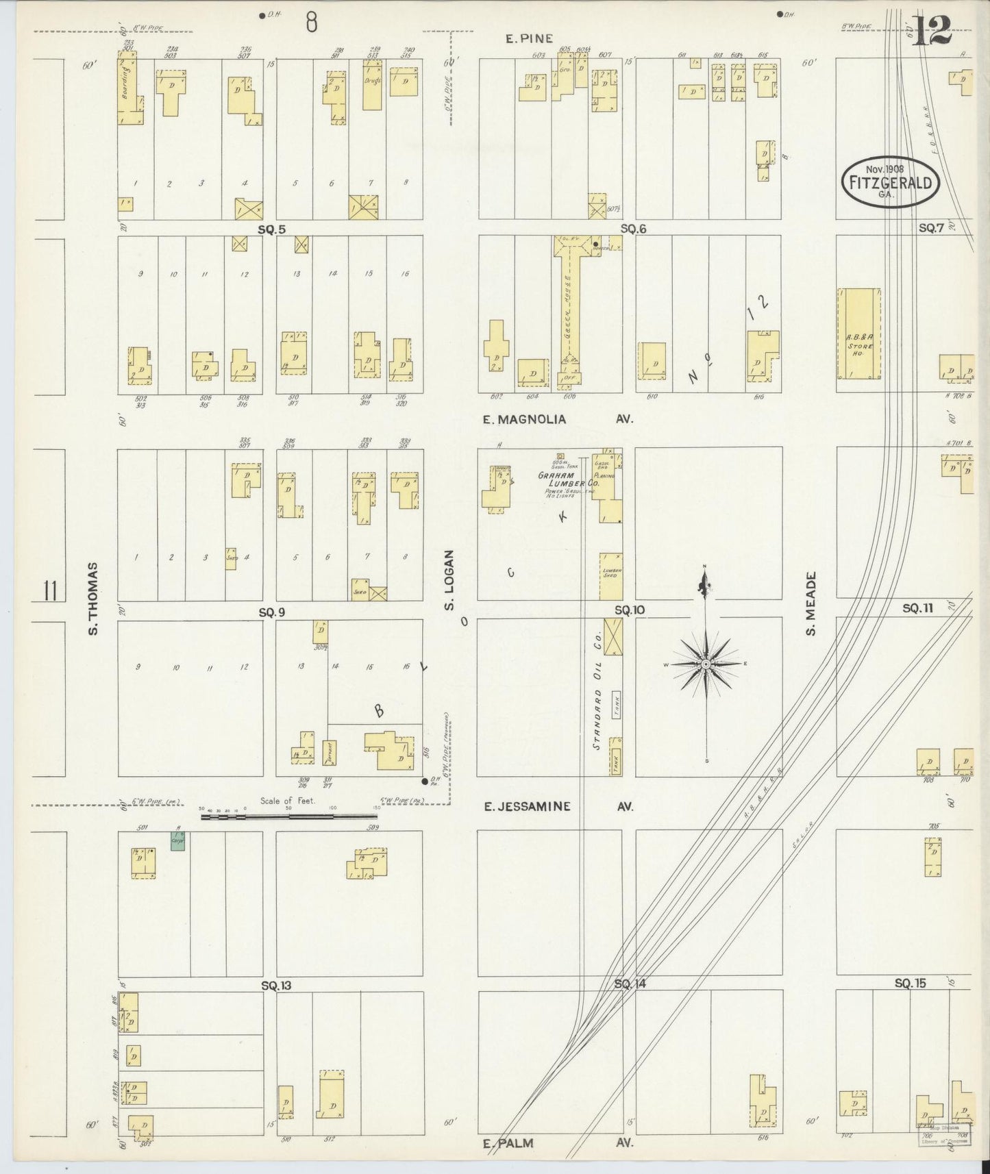 Sanborn Fire Insurance Map from Fitzgerald, Ben Hill County, Georgia (1908), Sheet #0012 - Complete Map Set gallery image, historic Sanborn map, vintage wall art, Georgia Georgia