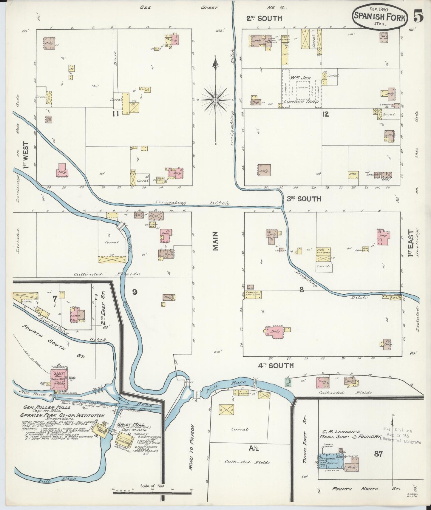 Sanborn Fire Insurance Map from Spanish Fork, Utah County, Utah (1890), Sheet #0005 - Complete Map Set gallery image, historic Sanborn map, vintage wall art, Spanish Fork Utah