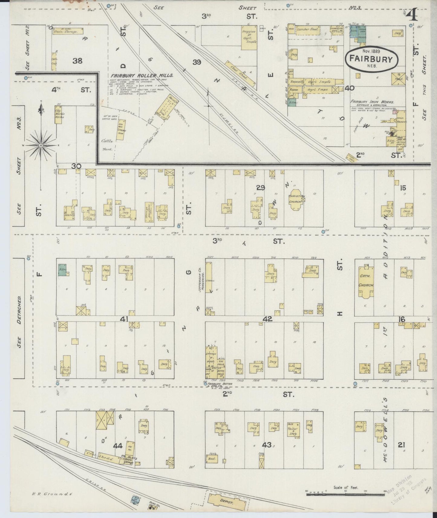 Sanborn Fire Insurance Map from Fairbury, Jefferson County, Nebraska (1889), Sheet #0004 - Historic Sanborn Fire Insurance Map Print, vintage old map wall art, antique decor, genealogy gift, Nebraska Nebraska map