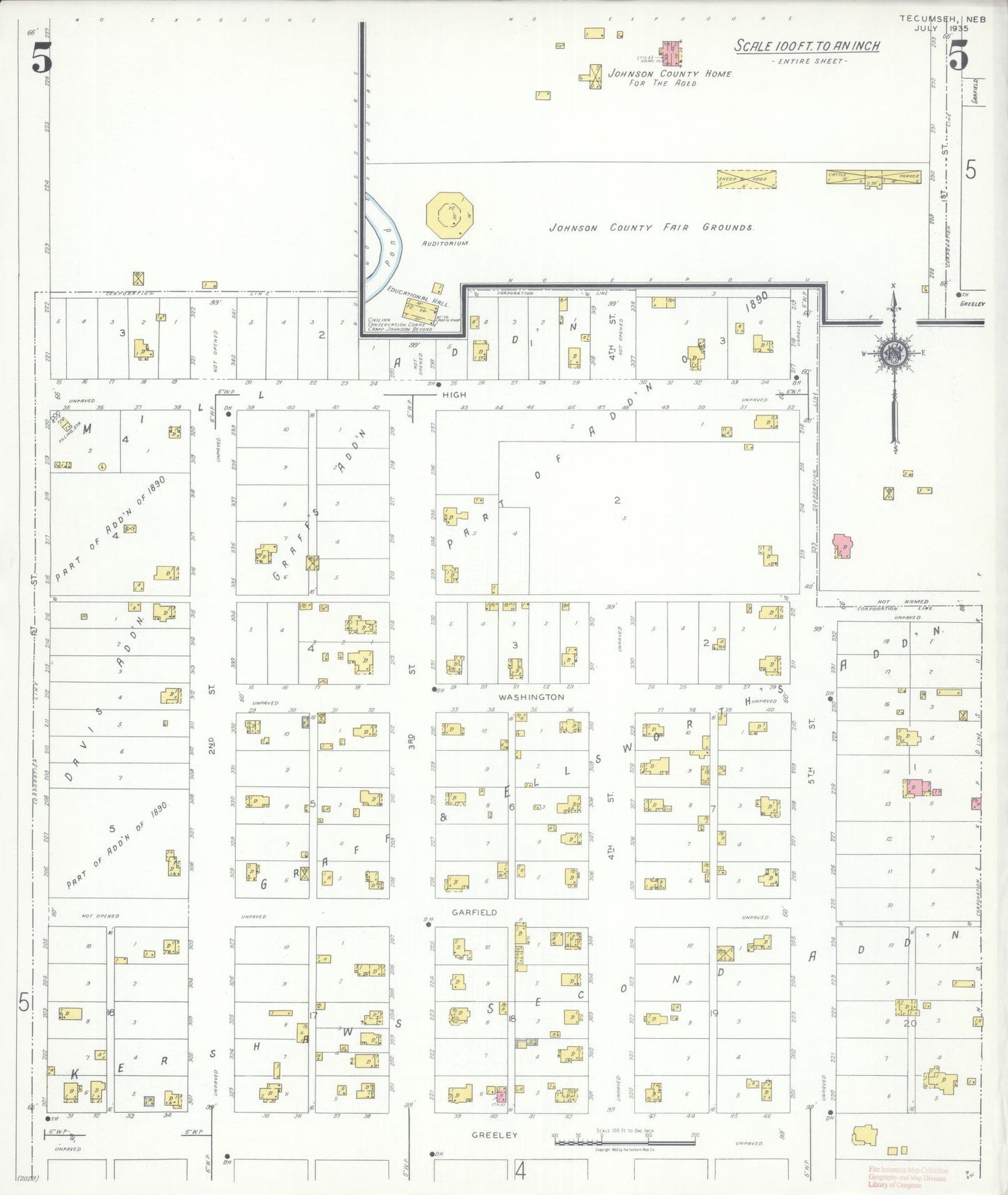 Sanborn Fire Insurance Map from Tecumseh, Johnson County, Nebraska (1935), Sheet #0005 - Historic Sanborn Fire Insurance Map Print, vintage old map wall art, antique decor, genealogy gift, Nebraska Nebraska map