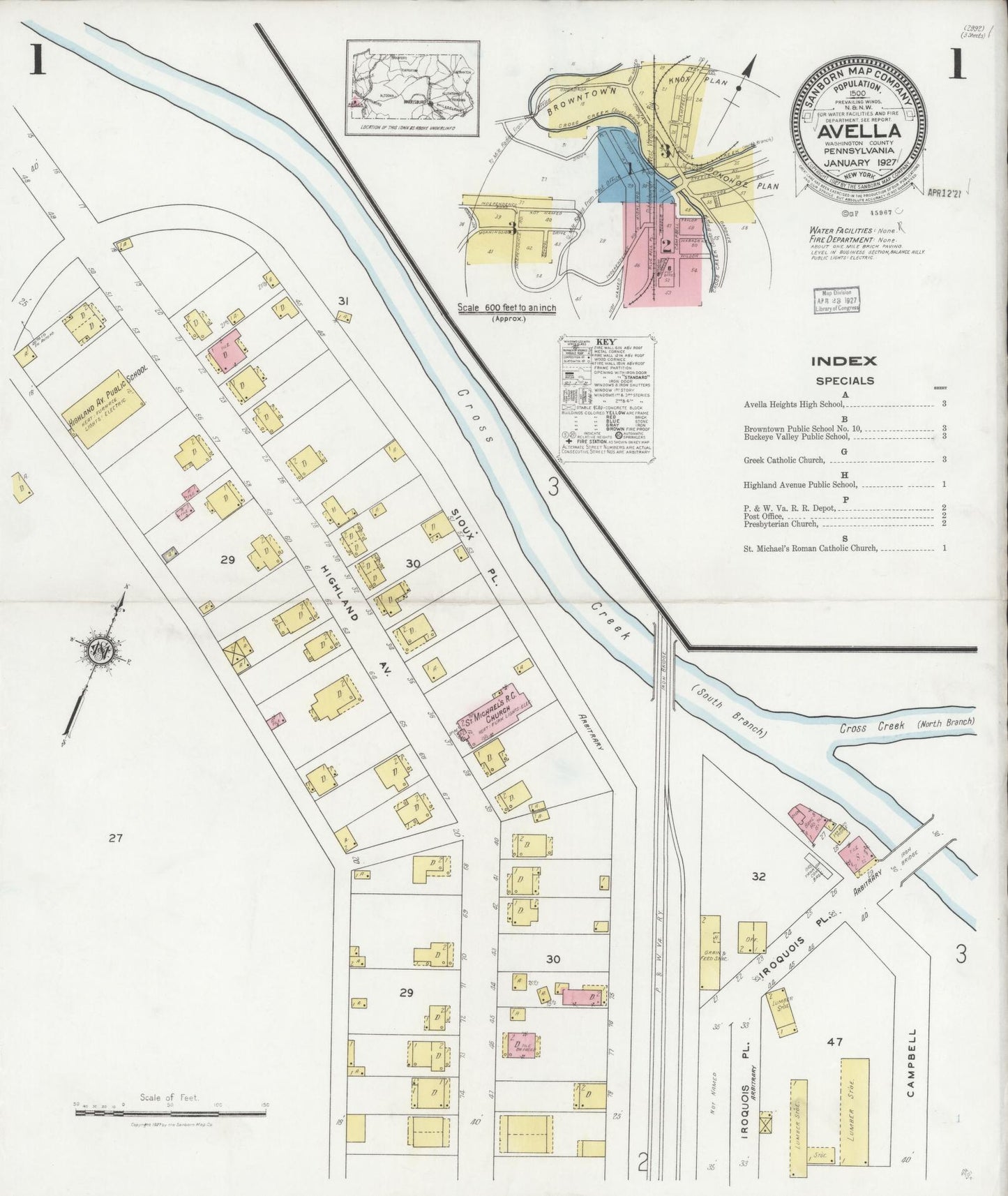 Sanborn Fire Insurance Map from Avella, Washington County, Pennsylvania (1927), Sheet #0001 - Historic Sanborn Fire Insurance Map Print, vintage old map wall art, antique decor, genealogy gift, Pennsylvania Pennsylvania map