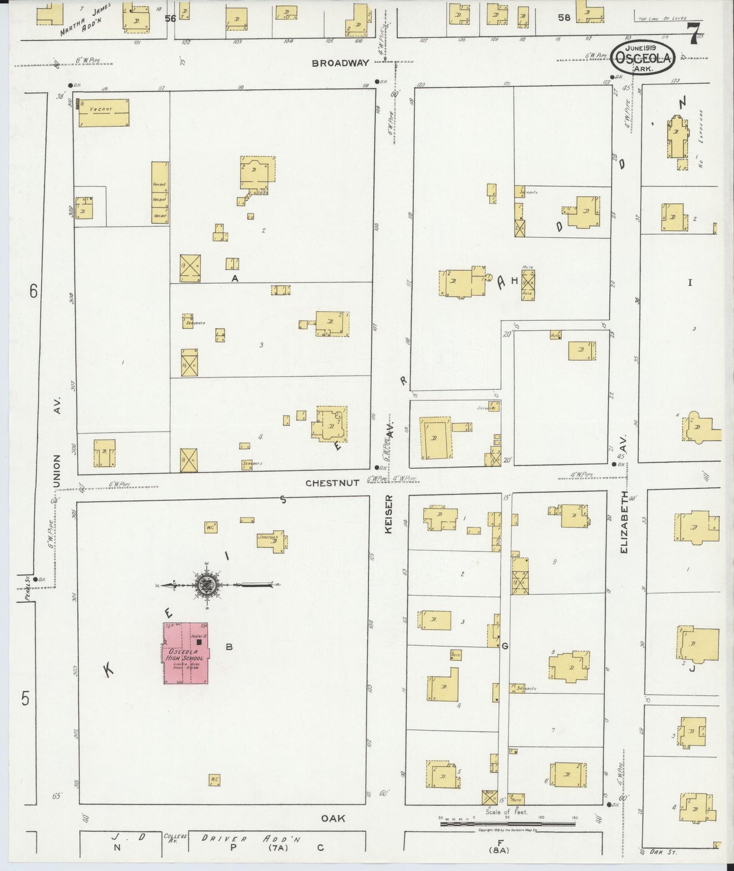 Sanborn Fire Insurance Map from Osceola, Mississippi County, Arkansas (1919), Sheet #0007 - Historic Sanborn Fire Insurance Map Print, vintage old map wall art, antique decor, genealogy gift, Arkansas Arkansas map