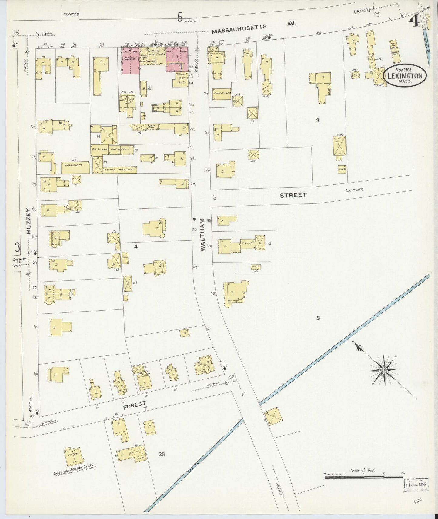 Sanborn Fire Insurance Map from Lexington, Middlesex County, Massachusetts (1908), Sheet #0004 - Historic Sanborn Fire Insurance Map Print, vintage old map wall art, antique decor, genealogy gift, Massachusetts Massachusetts map