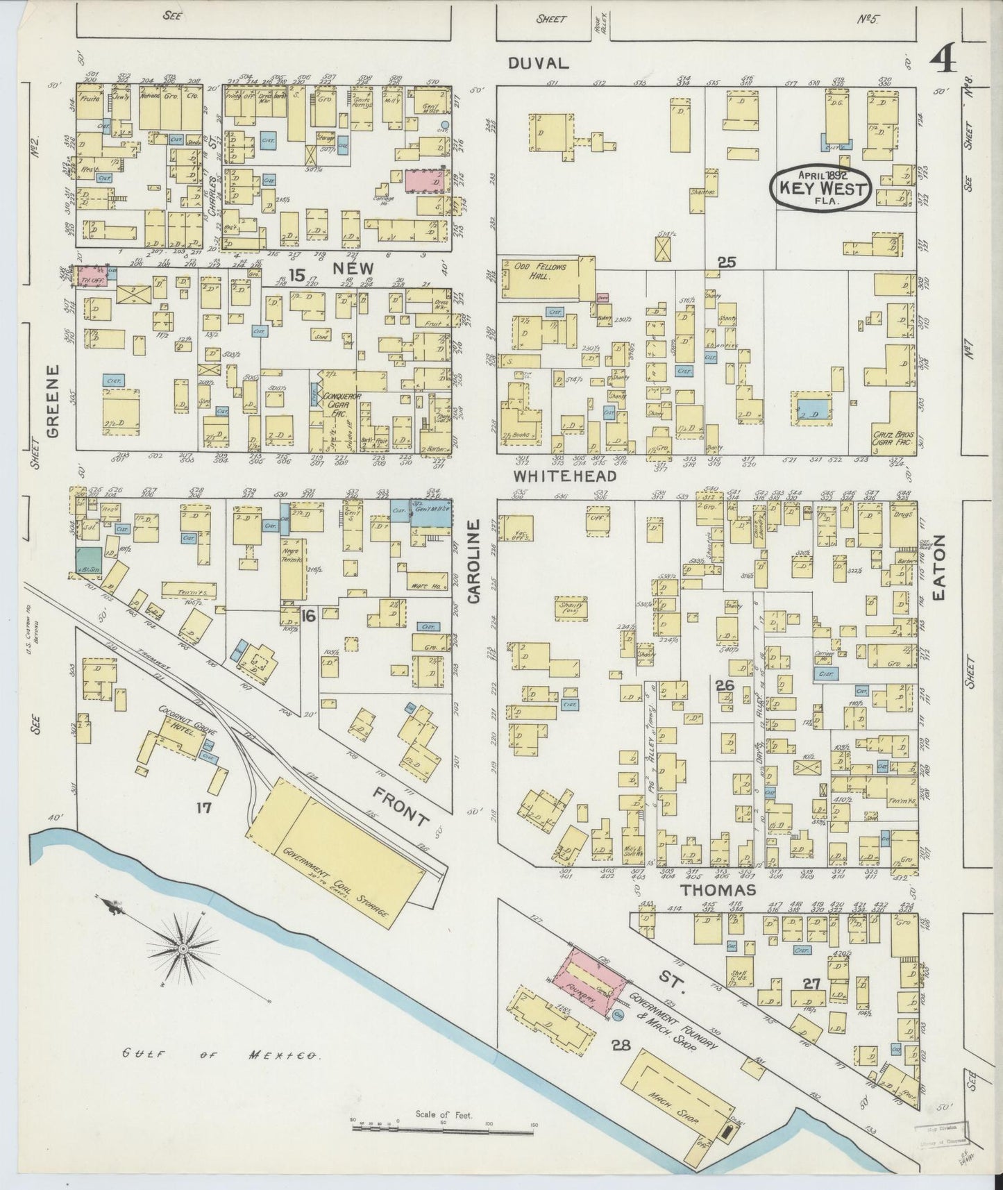 Sanborn Fire Insurance Map from Key West, Monroe County, Florida (1892), Sheet #0004 - Historic Sanborn Fire Insurance Map Print, vintage old map wall art, antique decor, genealogy gift, Florida Florida map