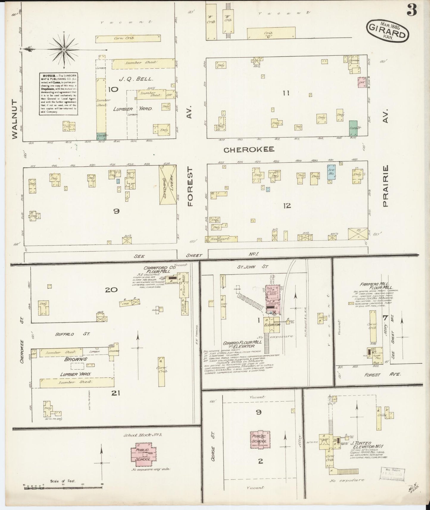 Sanborn Fire Insurance Map from Girard, Crawford County, Kansas (1885), Sheet #0003 - Complete Map Set gallery image, historic Sanborn map, vintage wall art, Kansas Kansas