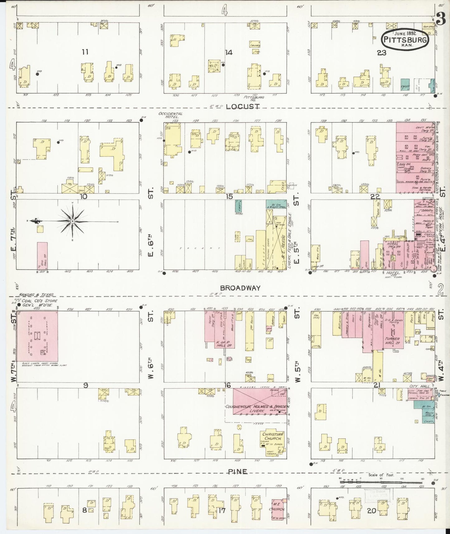 Sanborn Fire Insurance Map from Pittsburg, Crawford County, Kansas (1892), Sheet #0003 - Historic Sanborn Fire Insurance Map Print, vintage old map wall art, antique decor, genealogy gift, Kansas Kansas map