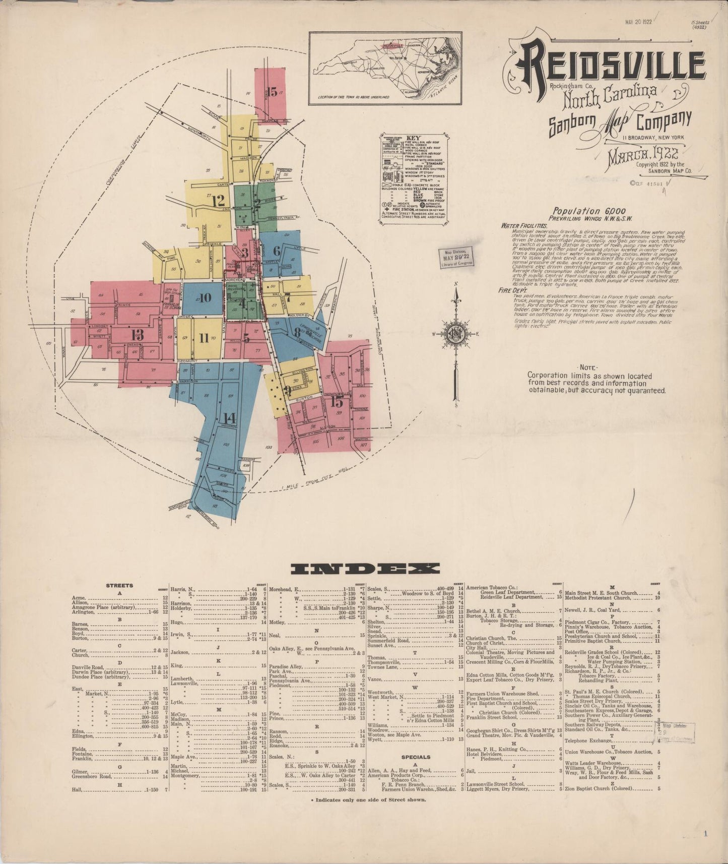 Sanborn Fire Insurance Map from Reidsville, Rockingham County, North Carolina (1922), Sheet #0001 - Historic Sanborn Fire Insurance Map Print, vintage old map wall art, antique decor, genealogy gift, North Carolina North Carolina map