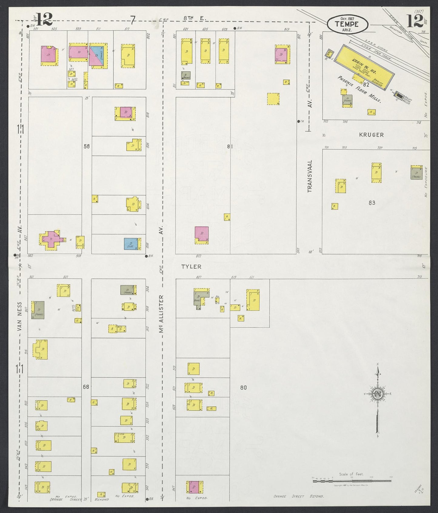 Sanborn Fire Insurance Map from Tempe, Maricopa County, Arizona (1927), Sheet #0012 - Historic Sanborn Fire Insurance Map Print, vintage old map wall art, antique decor, genealogy gift, Arizona Arizona map