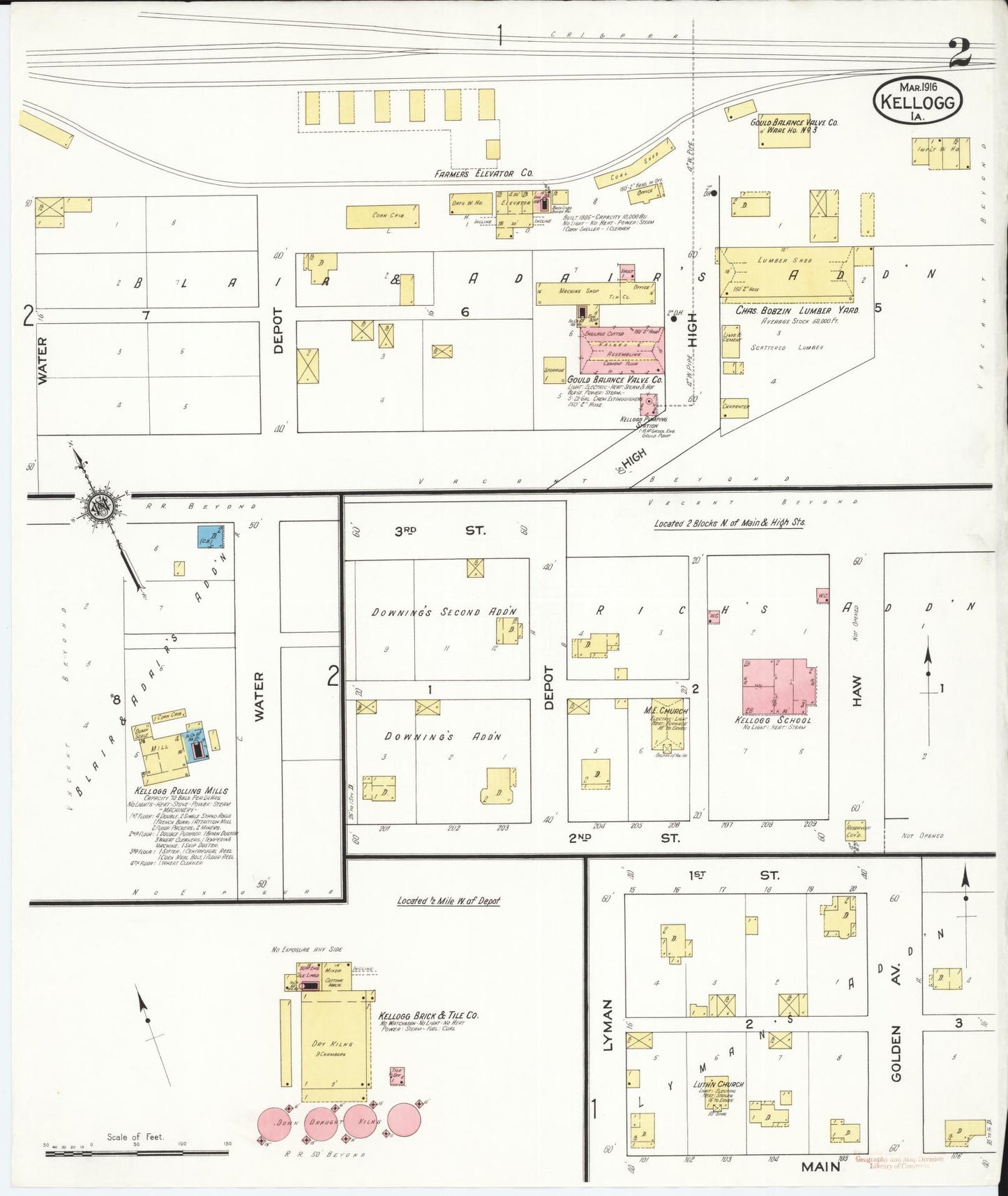 Sanborn Fire Insurance Map from Kellogg, Jasper County, Iowa (1916), Sheet #0002 - Historic Sanborn Fire Insurance Map Print, vintage old map wall art
