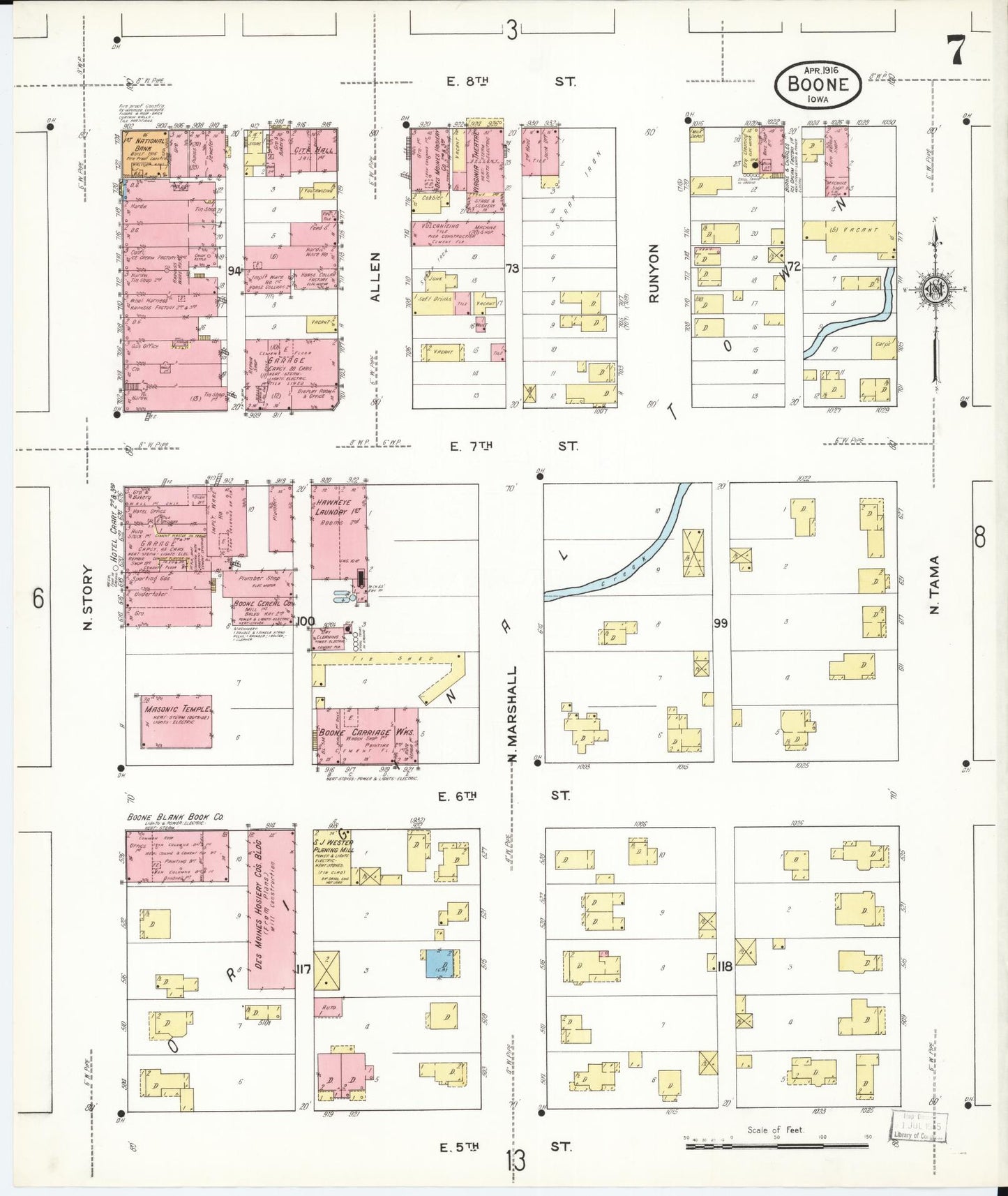 Sanborn Fire Insurance Map from Boone, Boone County, Iowa (1916), Sheet #0007 - Historic Sanborn Fire Insurance Map Print, vintage old map wall art