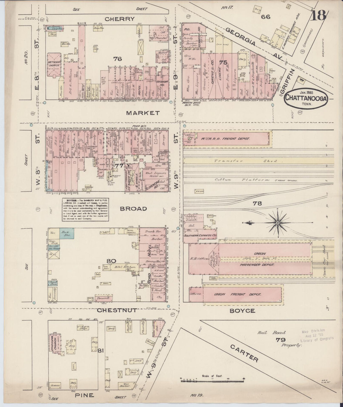 Sanborn Fire Insurance Map from Chattanooga, Hamilton County, Tennessee (1885), Sheet #0018 - Historic Sanborn Fire Insurance Map Print, vintage old map wall art, antique decor, genealogy gift, Tennessee Tennessee map