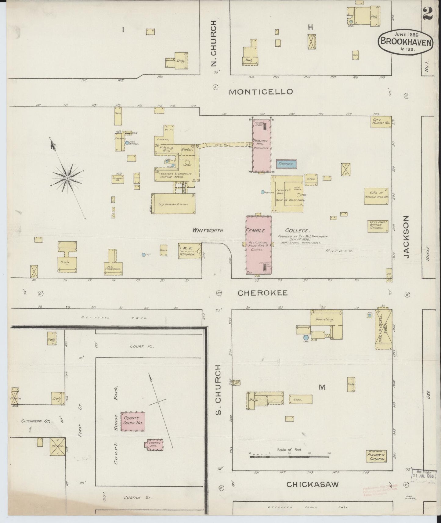 Sanborn Fire Insurance Map from Brookhaven, Lincoln County, Mississippi (1886), Sheet #0002 - Complete Map Set gallery image, historic Sanborn map, vintage wall art, Mississippi Mississippi