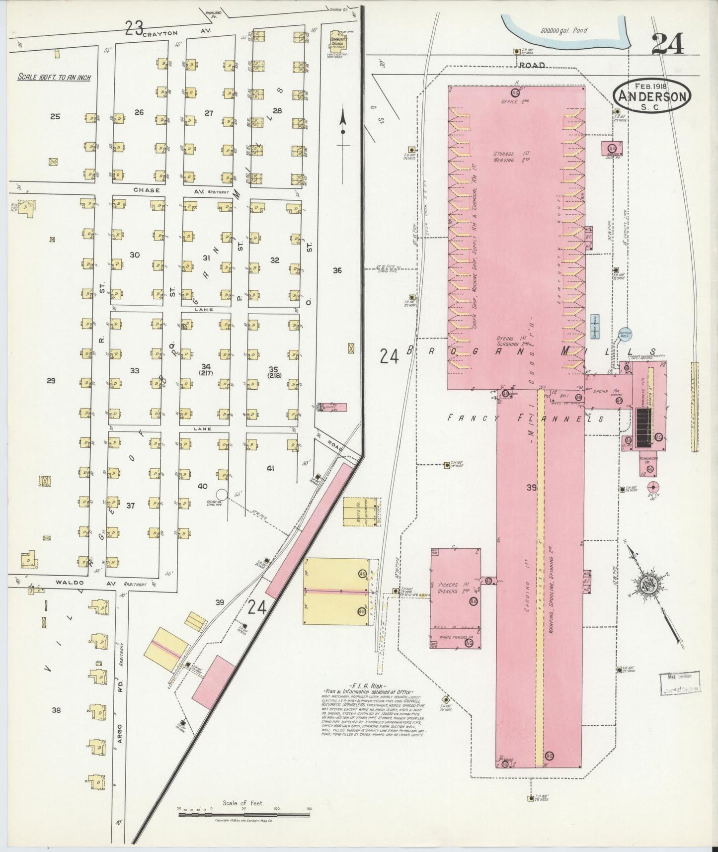 Sanborn Fire Insurance Map from Anderson, Anderson County, South Carolina (1918), Sheet #0024 - Historic Sanborn Fire Insurance Map Print, vintage old map wall art, antique decor, genealogy gift, South Carolina South Carolina map