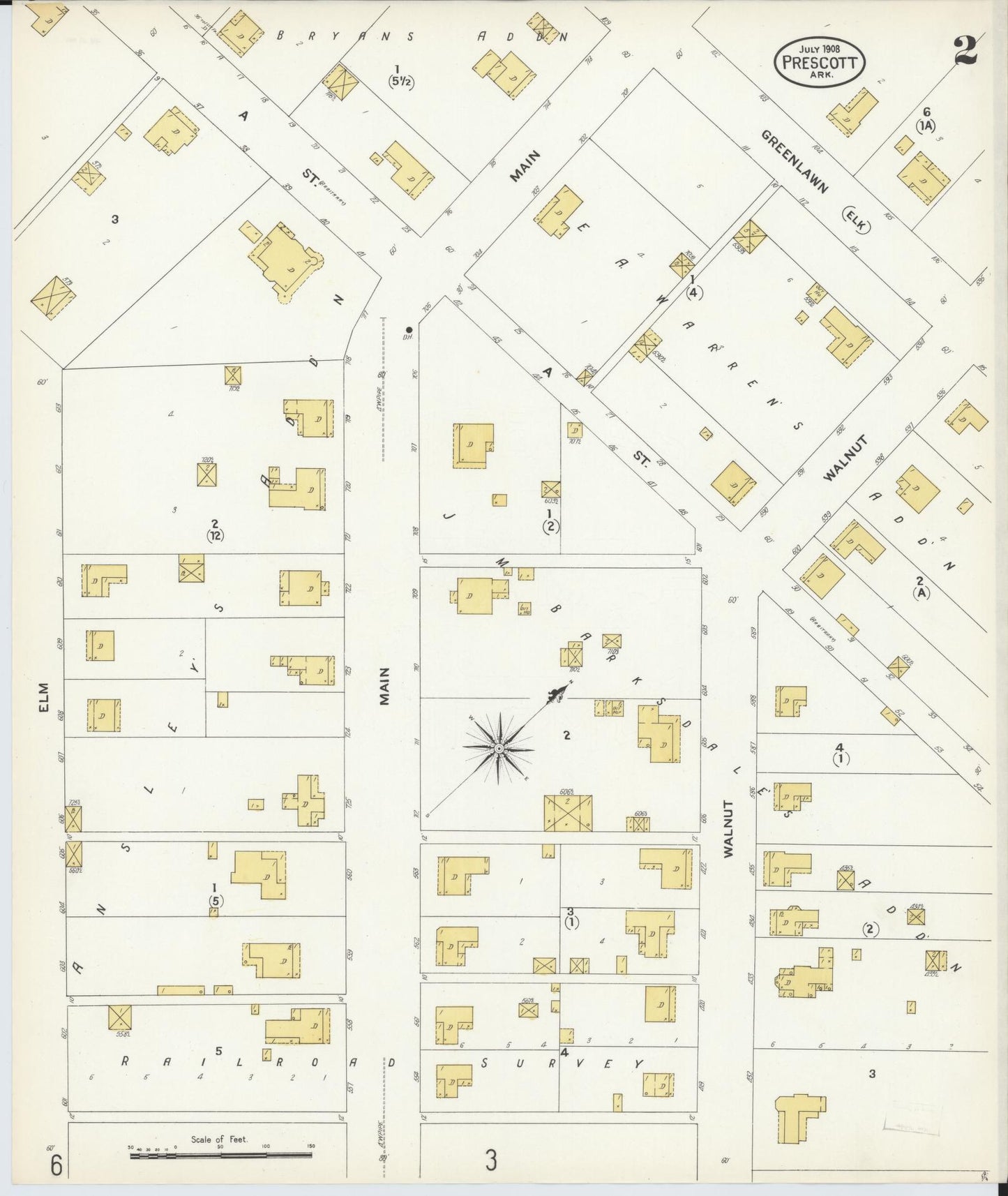 Sanborn Fire Insurance Map from Prescott, Nevada County, Arkansas (1908), Sheet #0002 - Historic Sanborn Fire Insurance Map Print, vintage old map wall art, antique decor, genealogy gift, Prescott Nevada map