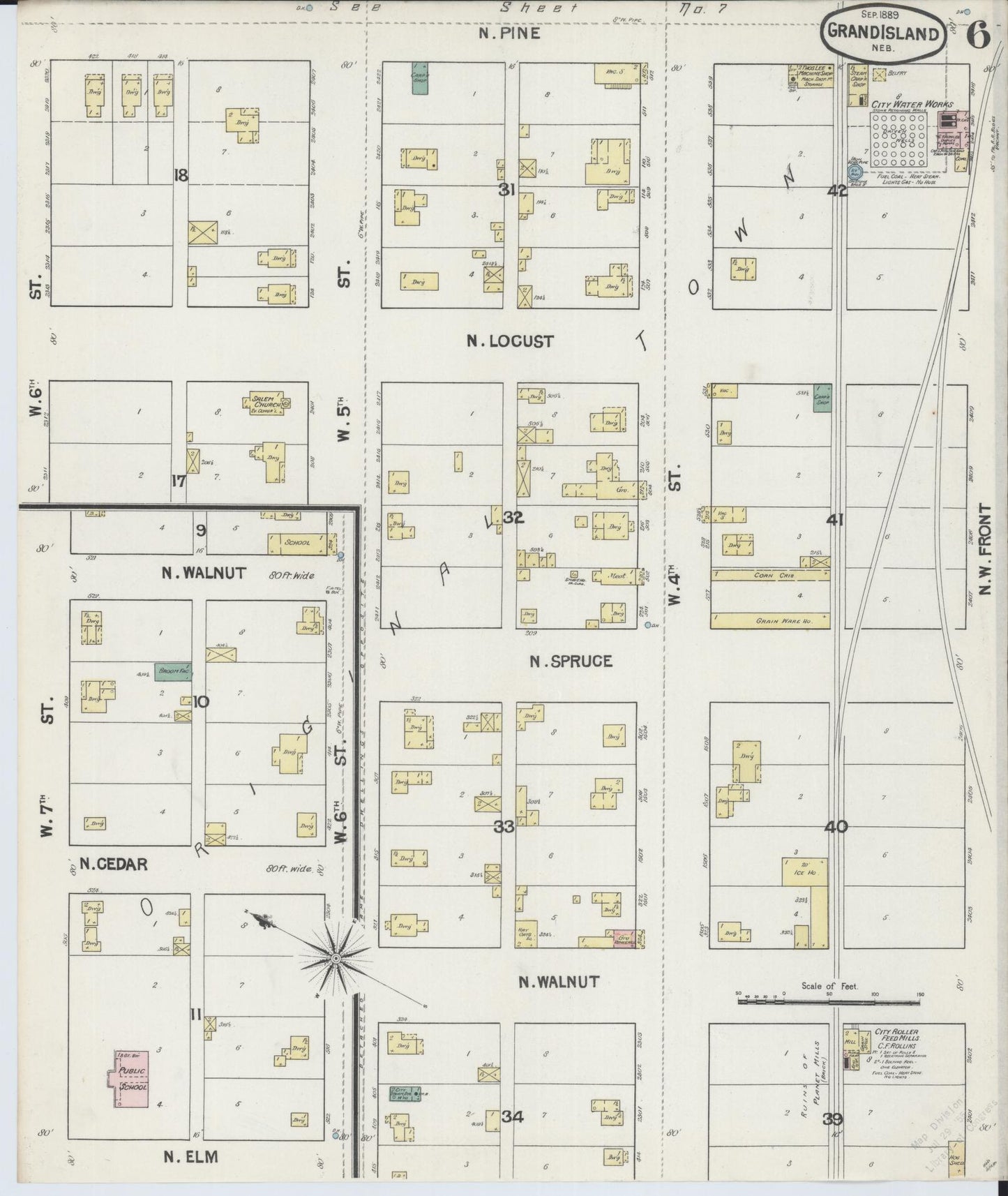 Sanborn Fire Insurance Map from Grand Island, Hall County, Nebraska (1889), Sheet #0006 - Historic Sanborn Fire Insurance Map Print, vintage old map wall art, antique decor, genealogy gift, Nebraska Nebraska map