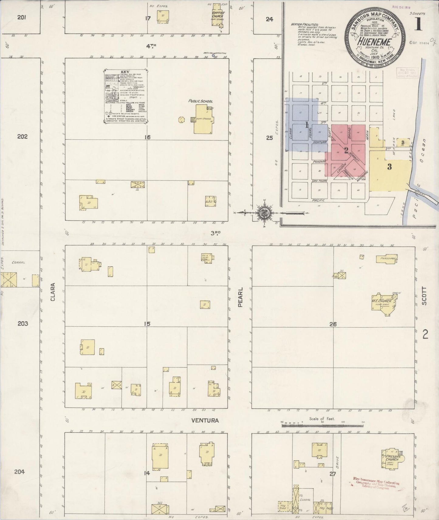 Sanborn Fire Insurance Map from Hueneme, Ventura County, California (1910), Sheet #0001 - Historic Sanborn Fire Insurance Map Print, vintage old map wall art, antique decor, genealogy gift, California California map