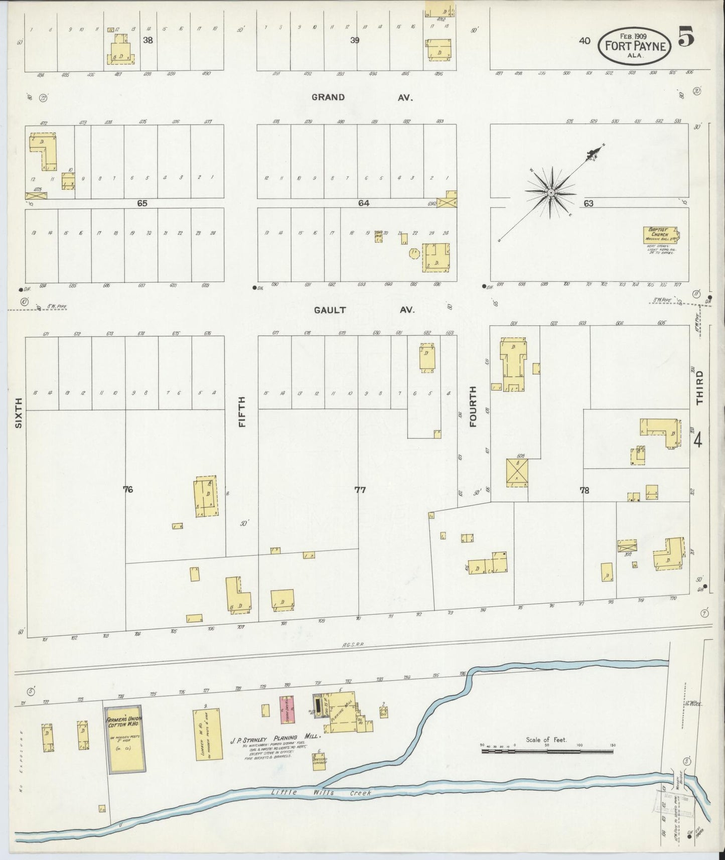 Sanborn Fire Insurance Map from Fort Payne, Dekalb County, Alabama (1909), Sheet #0005 - Historic Sanborn Fire Insurance Map Print, vintage old map wall art, antique decor, genealogy gift, Alabama Alabama map