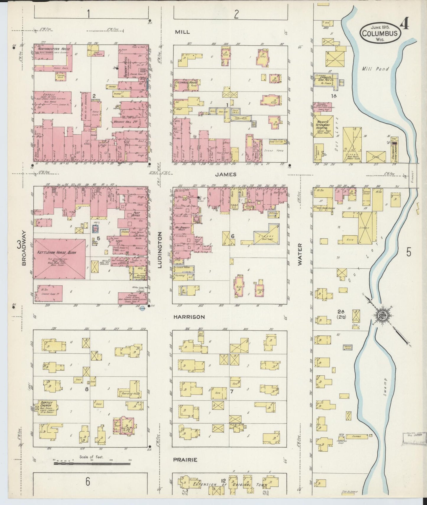 Sanborn Fire Insurance Map from Columbus, Columbia and Dodge County, Wisconsin (1915), Sheet #0004 - Historic Sanborn Fire Insurance Map Print, vintage old map wall art, antique decor, genealogy gift, Wisconsin Wisconsin map