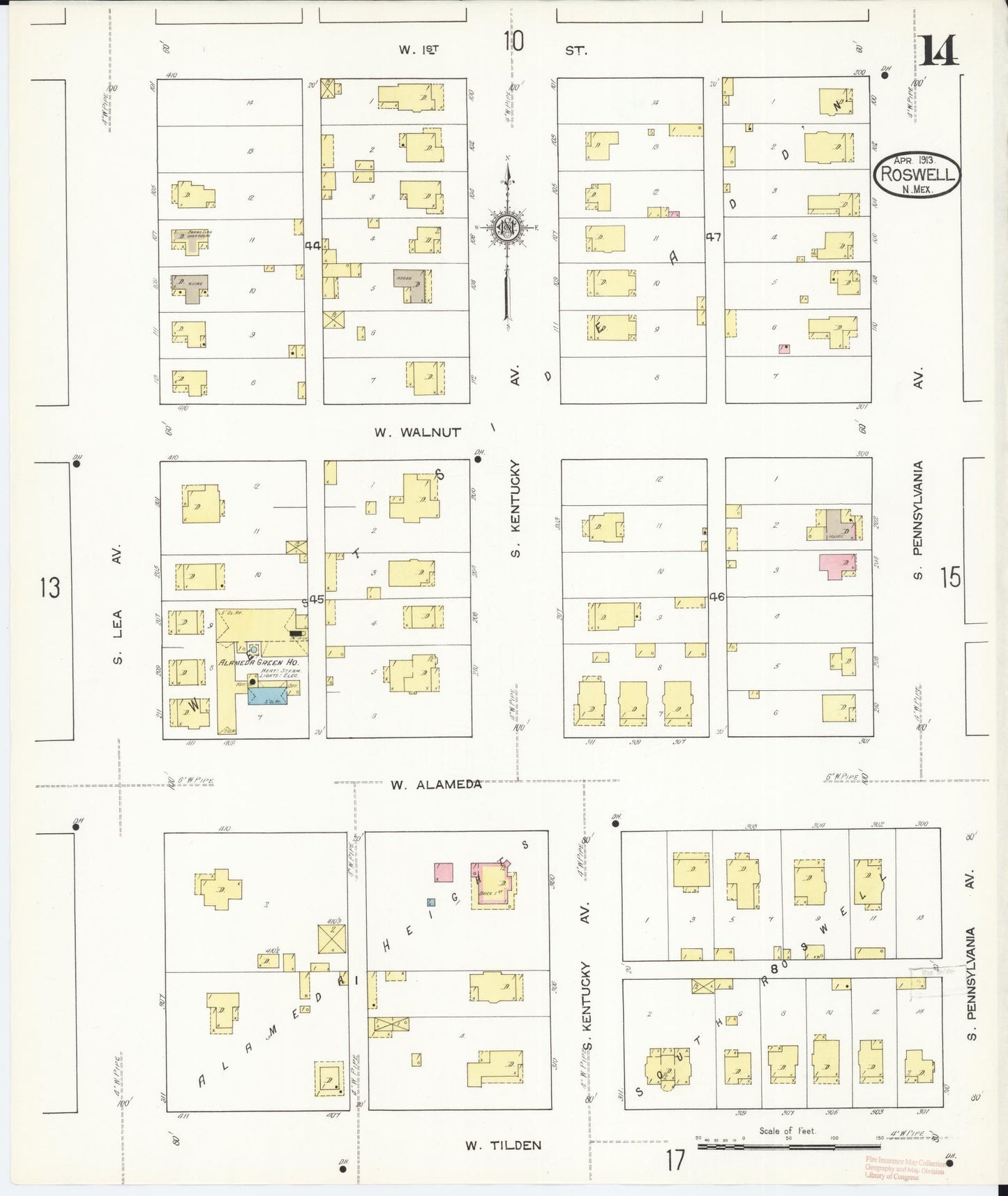 Sanborn Fire Insurance Map from Roswell, Chaves County, New Mexico (1913), Sheet #0014 - Historic Sanborn Fire Insurance Map Print, vintage old map wall art, antique decor, genealogy gift, New Mexico New Mexico map