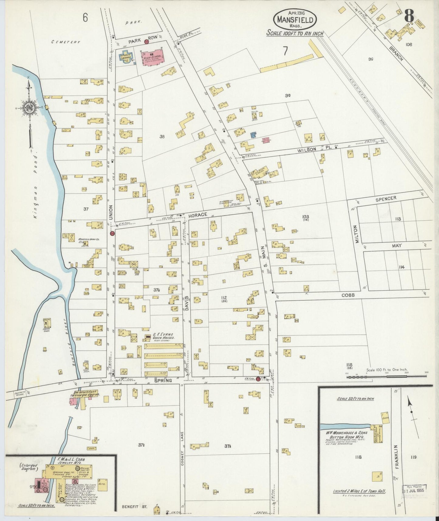 Sanborn Fire Insurance Map from Mansfield, Bristol County, Massachusetts (1916), Sheet #0008 - Historic Sanborn Fire Insurance Map Print, vintage old map wall art, antique decor, genealogy gift, Massachusetts Massachusetts map