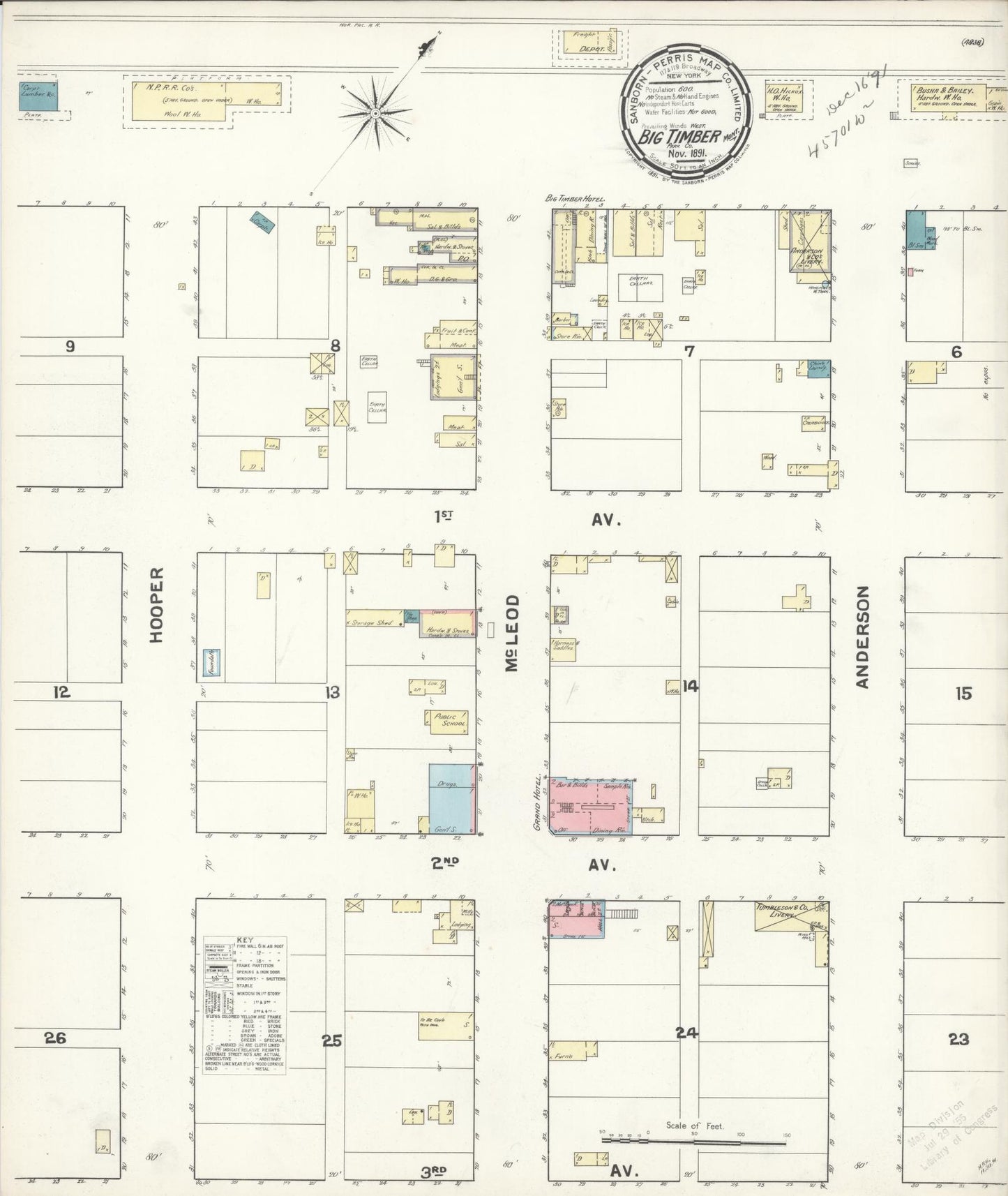 Sanborn Fire Insurance Map from Big Timber, Sweet Grass County, Montana (1891), Sheet #0001 - Historic Sanborn Fire Insurance Map Print, vintage old map wall art, antique decor, genealogy gift, Montana Montana map