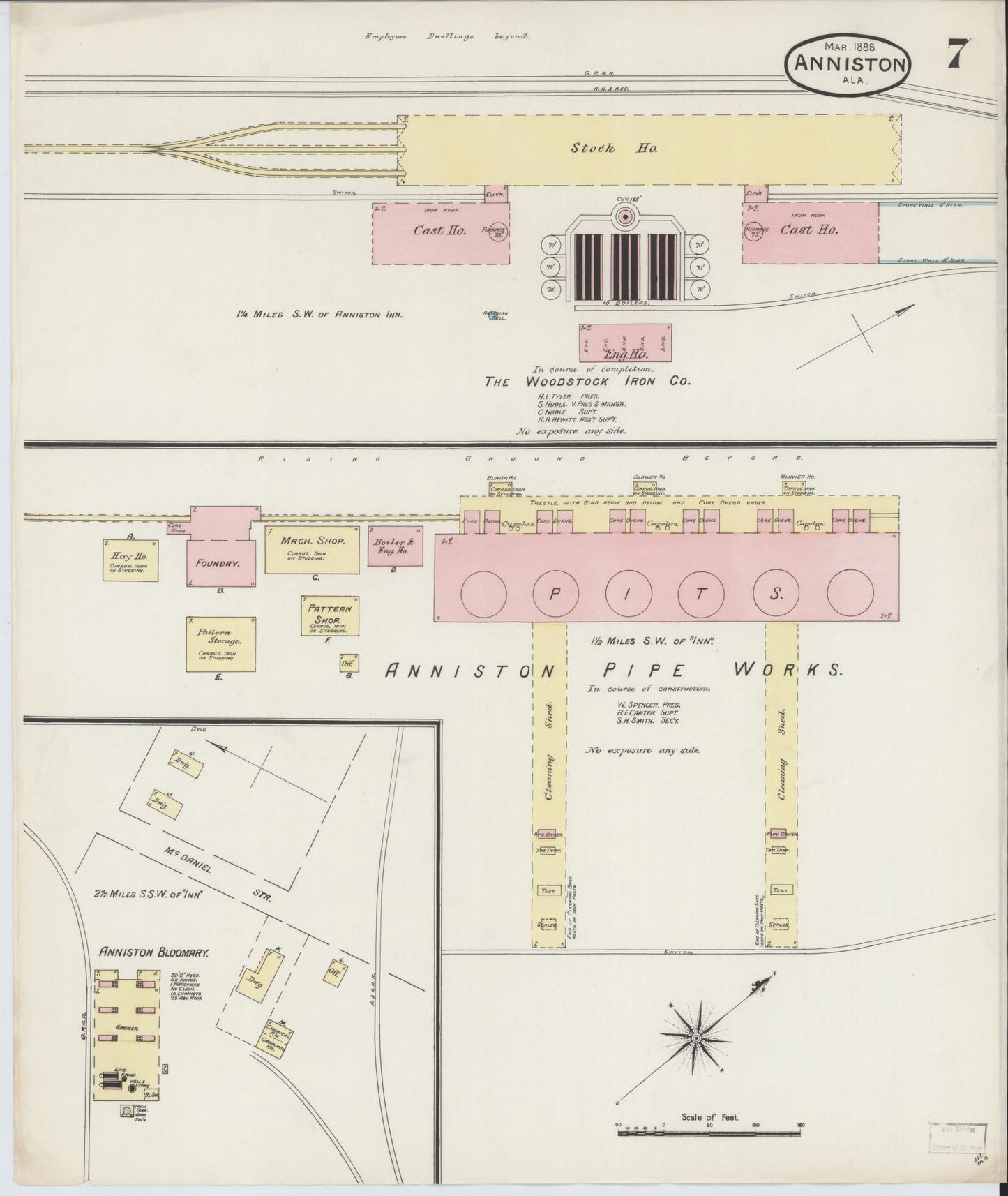Sanborn Fire Insurance Map from Anniston, Calhoun County, Alabama (1888), Sheet #0007 - Historic Sanborn Fire Insurance Map Print, vintage old map wall art, antique decor, genealogy gift, Alabama Alabama map