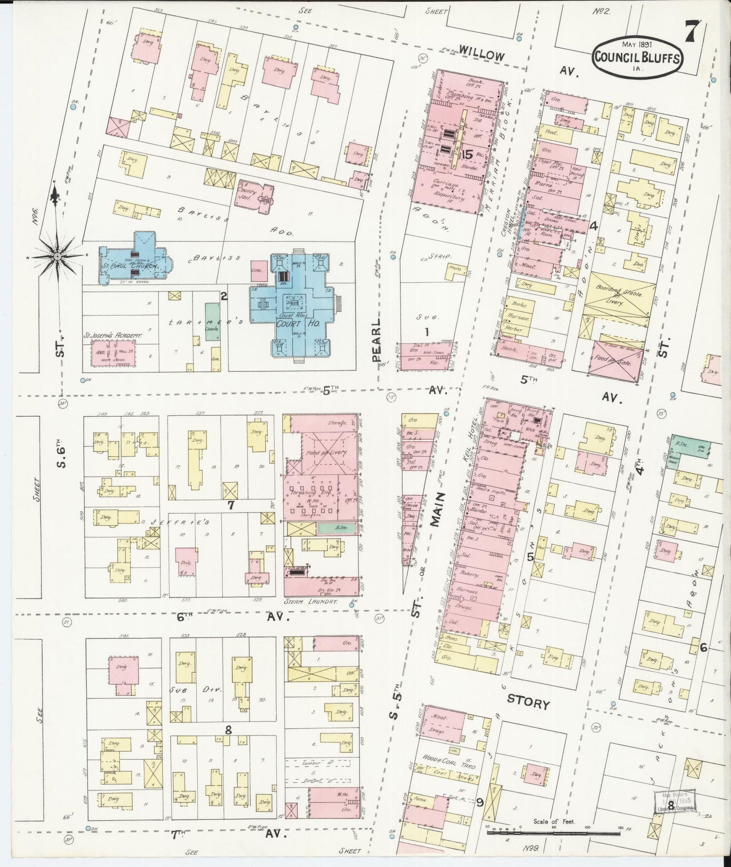 Sanborn Fire Insurance Map from Council Bluffs, Pottawattamie County, Iowa (1891), Sheet #0007 - Historic Sanborn Fire Insurance Map Print, vintage old map wall art