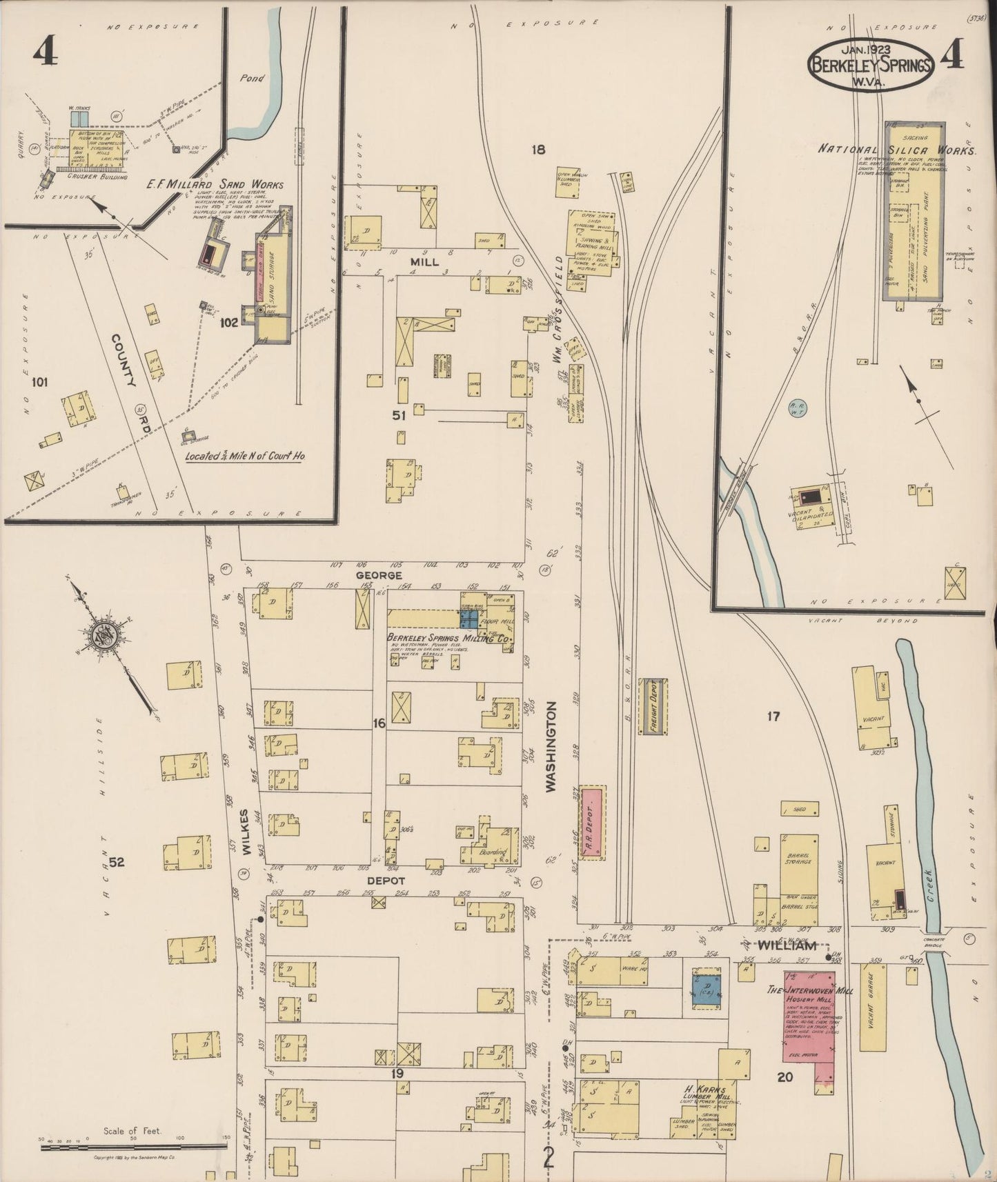 Sanborn Fire Insurance Map from Berkeley Springs, Morgan County, West Virginia (1923), Sheet #0004 - Historic Sanborn Fire Insurance Map Print, vintage old map wall art, antique decor, genealogy gift, West Virginia West Virginia map