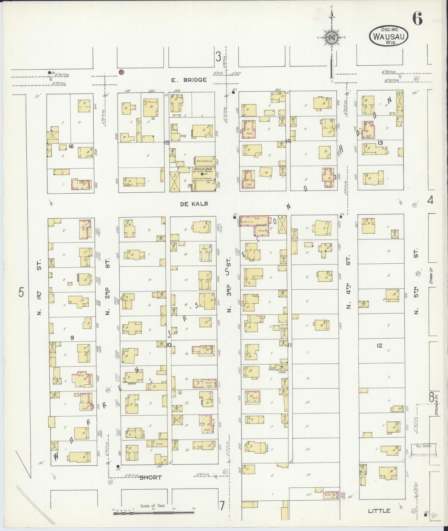 Sanborn Fire Insurance Map from Wausau, Marathon County, Wisconsin (1912), Sheet #0006 - Historic Sanborn Fire Insurance Map Print, vintage old map wall art, antique decor, genealogy gift, Wisconsin Wisconsin map